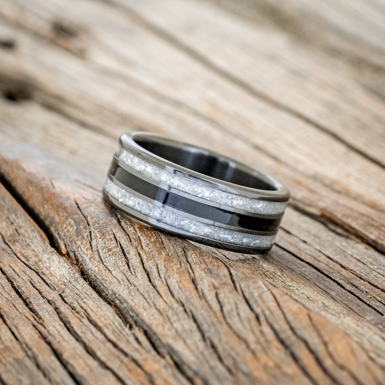 "RIO" - DIAMOND DUST & CHARRED WHISKEY BARREL WEDDING RING-5