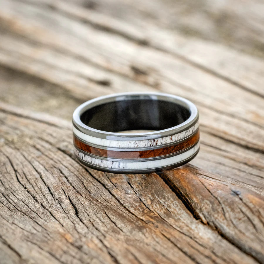 "RIO" - IRONWOOD & ANTLER WEDDING RING - BLACK ZIRCONIUM - SIZE 8-Staghead Designs