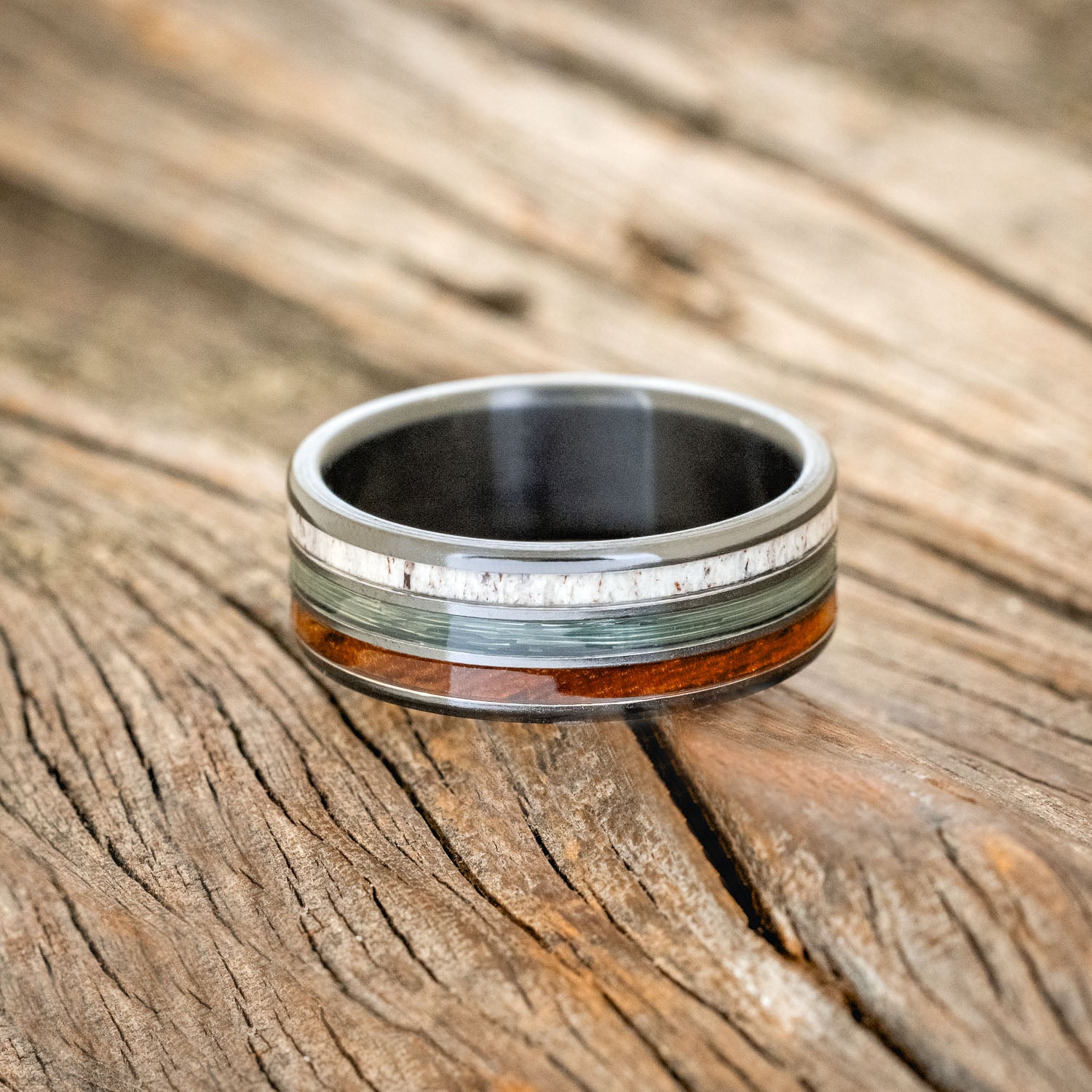 "RIO" - ANTLER, IRONWOOD & GREY FISHING LINE WEDDING BAND-3