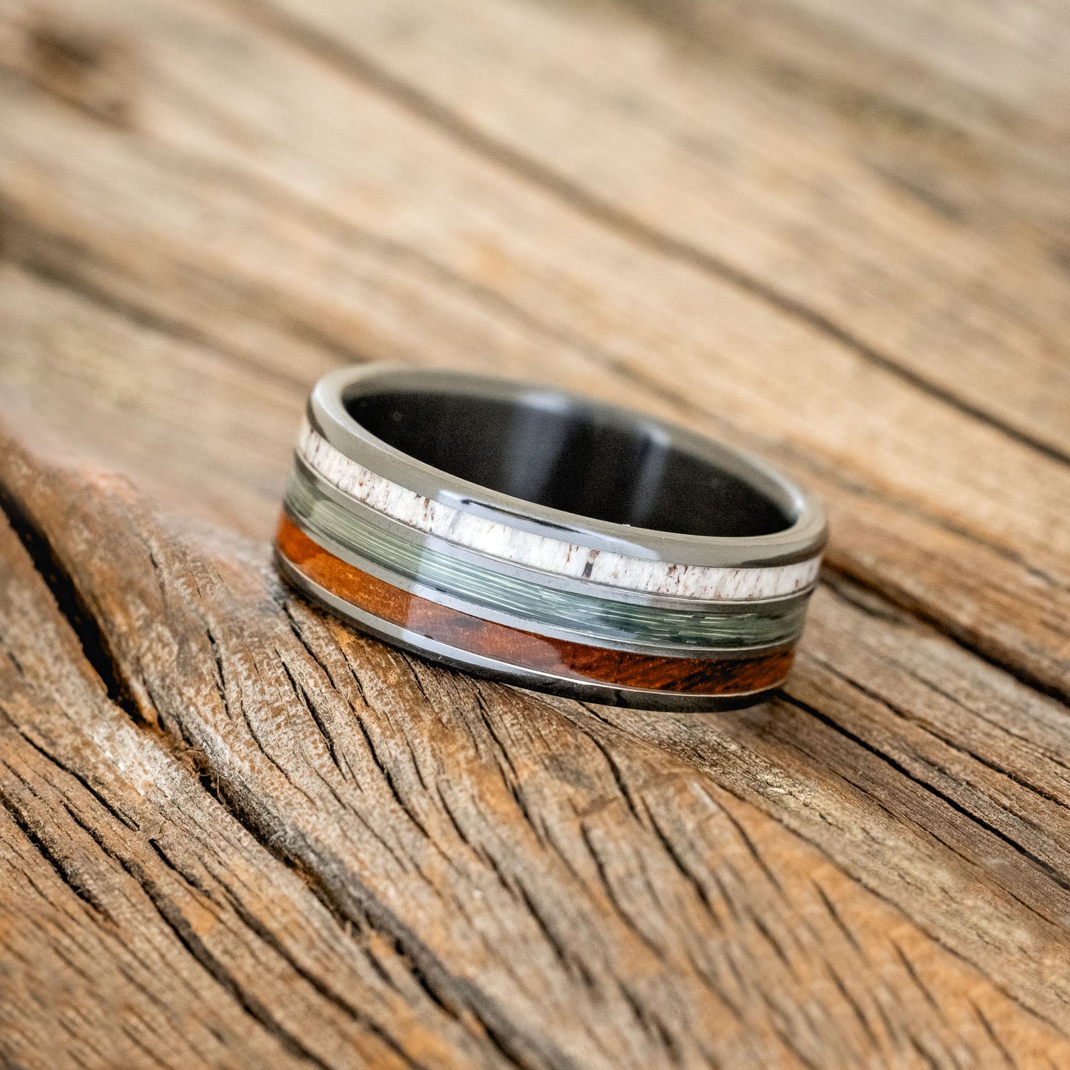 "RIO" - ANTLER, IRONWOOD & GREY FISHING LINE WEDDING BAND-2