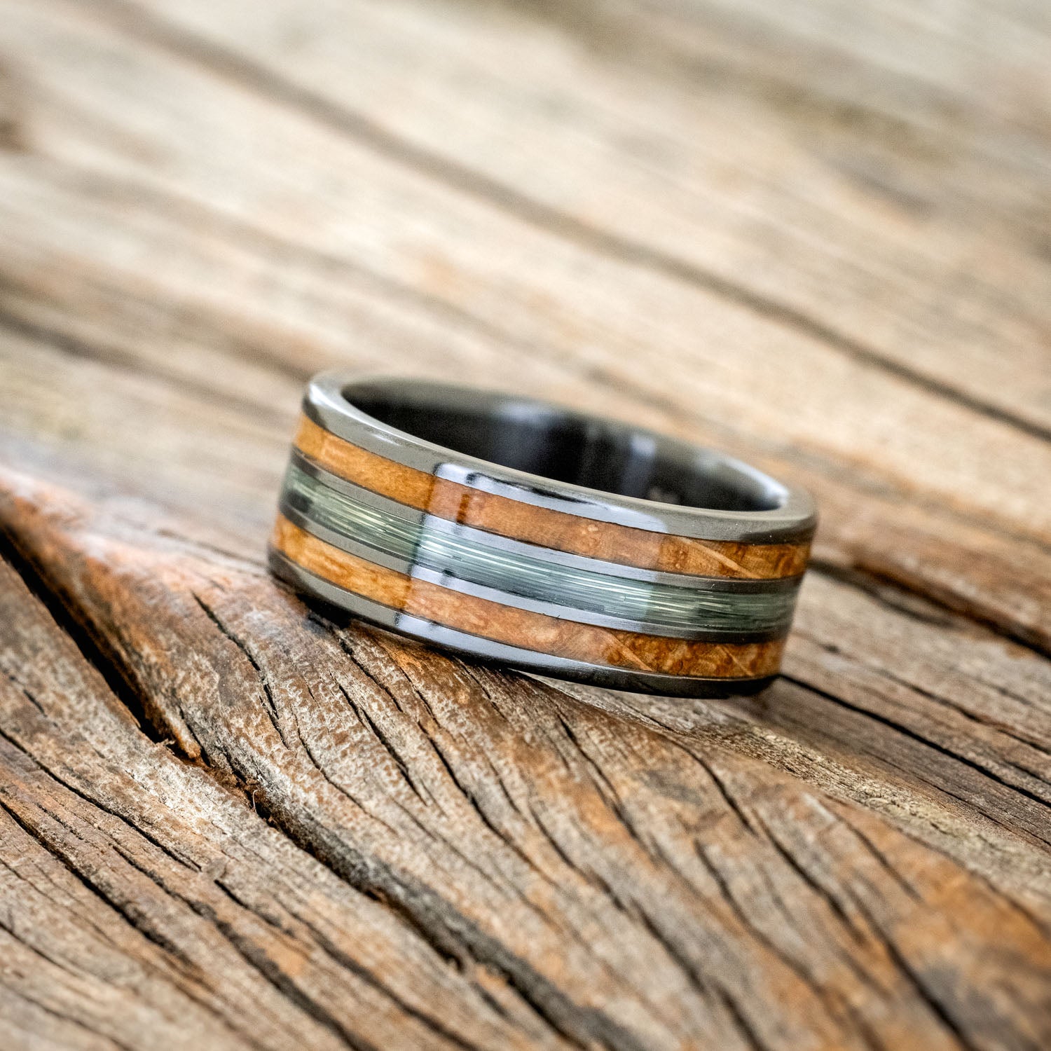"RIO" - WHISKEY BARREL & FISHING LINE WEDDING BAND-2