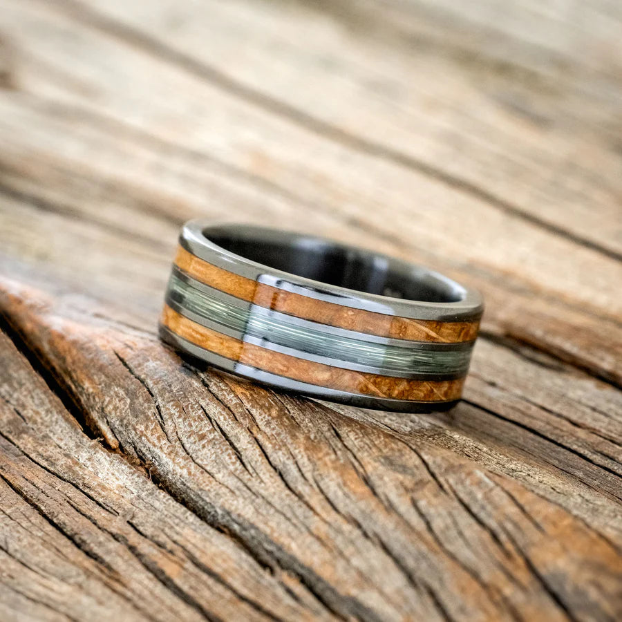 "RIO" - GREEN MONO FISHING LINE AND WHISKEY BARREL OAK WEDDING BAND - BLACK ZIRCONIUM - SIZE 11 1/4-Staghead Designs