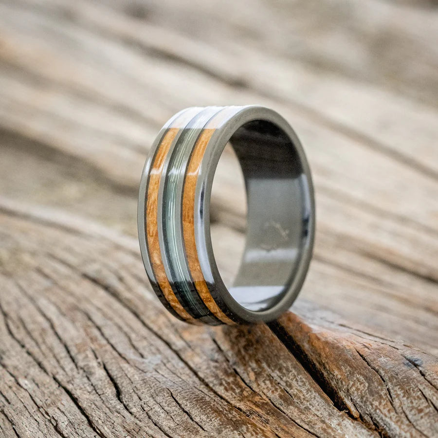 "RIO" - GREEN MONO FISHING LINE AND WHISKEY BARREL OAK WEDDING BAND - BLACK ZIRCONIUM - SIZE 11 1/4-Staghead Designs