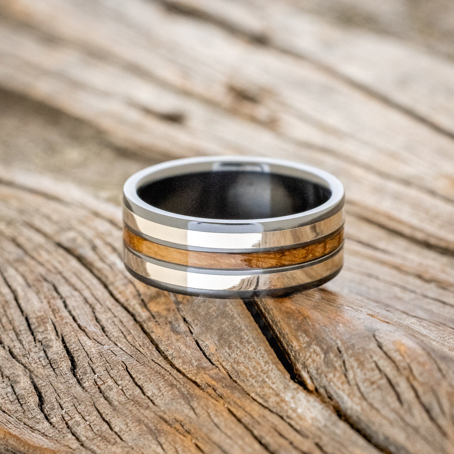 "RIO" - WHISKEY BARREL & 14K GOLD INLAYS WEDDING RING-3