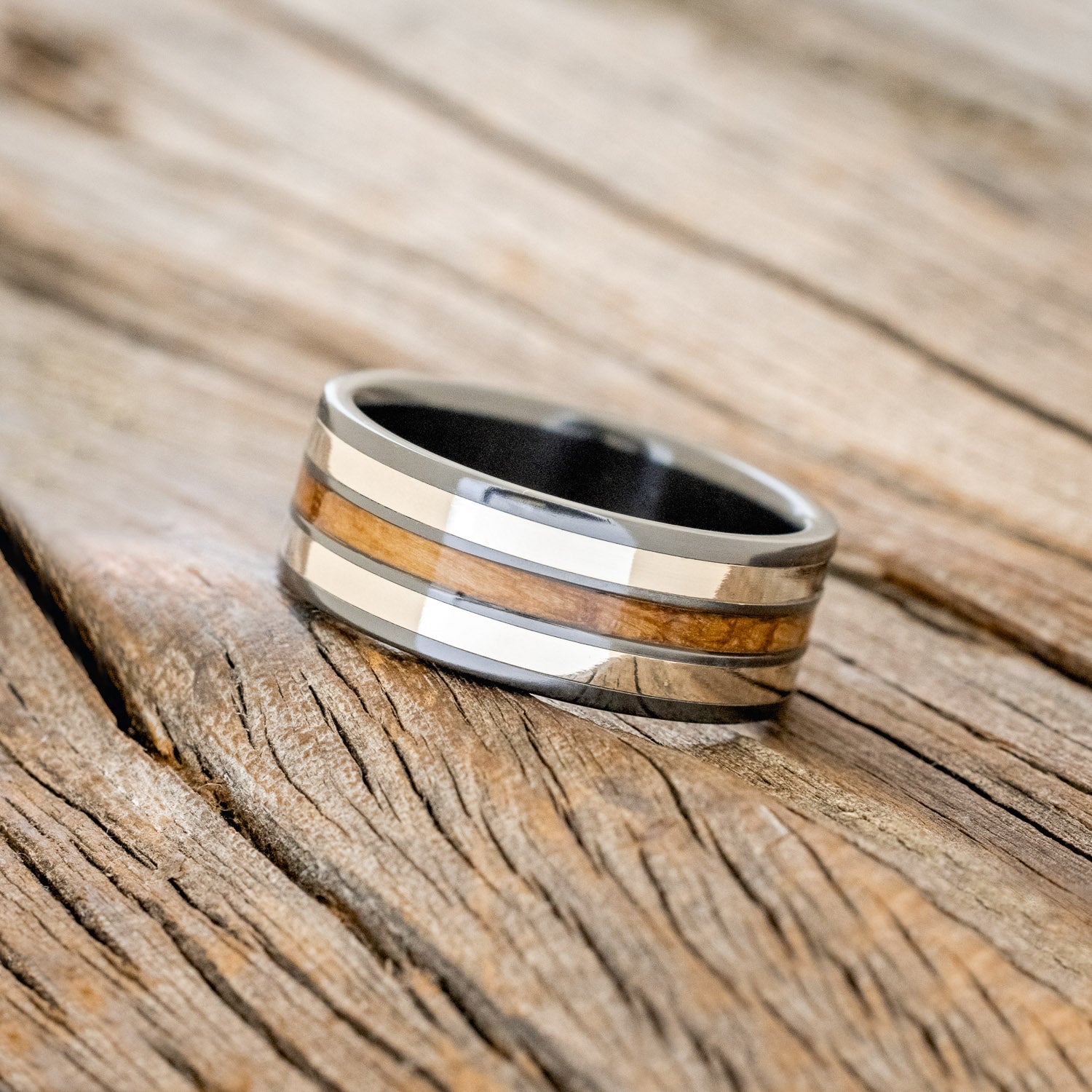 "RIO" - WHISKEY BARREL & 14K GOLD INLAYS WEDDING RING-2