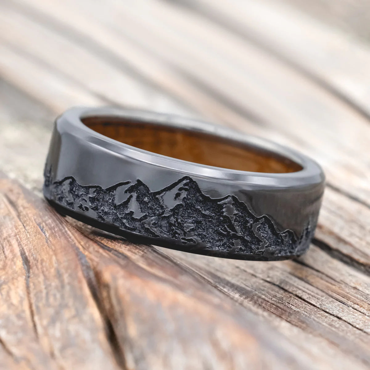 "Ross" - Mountain & Forest Engraved Wedding Band With Whiskey Barrel Oak Lining - Black Zirconium (8mm) - Size 11 1/2