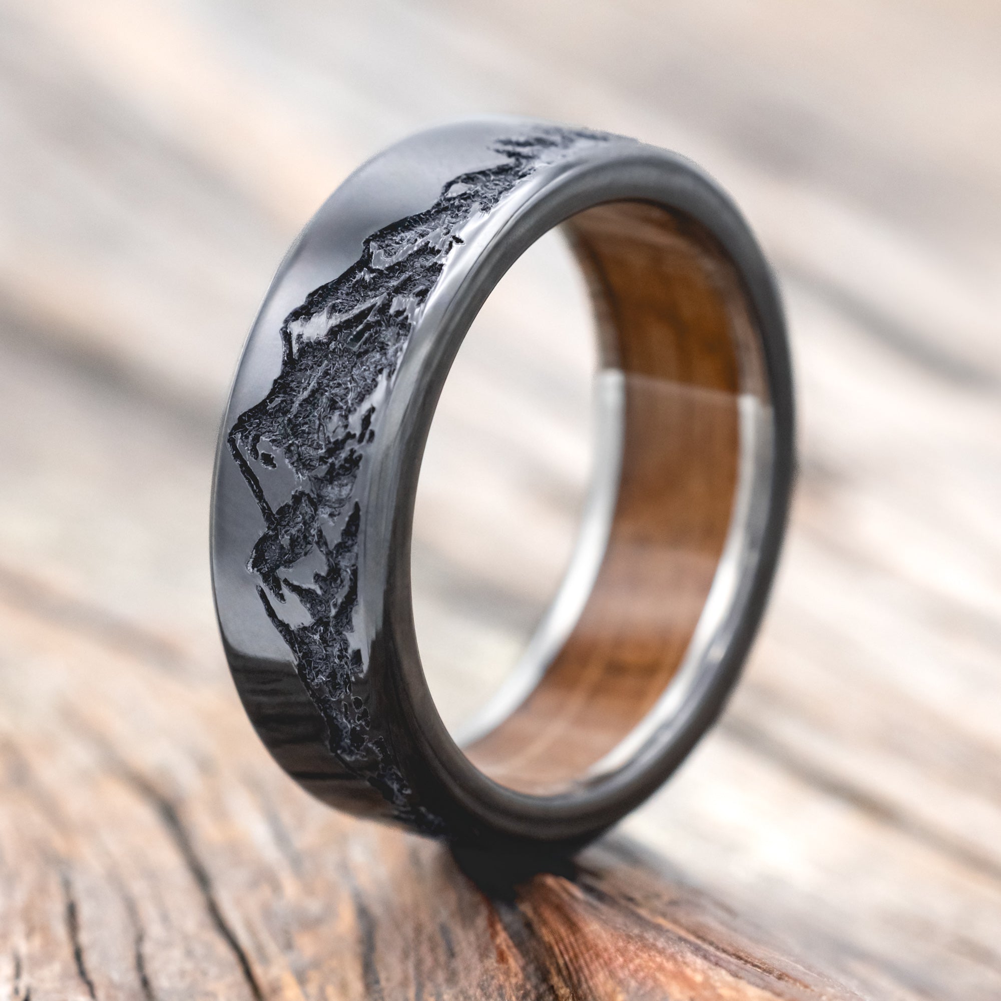 "ROSS" - MOUNTAIN & FOREST ENGRAVED WEDDING BAND WITH CUSTOM LINING-Staghead Designs