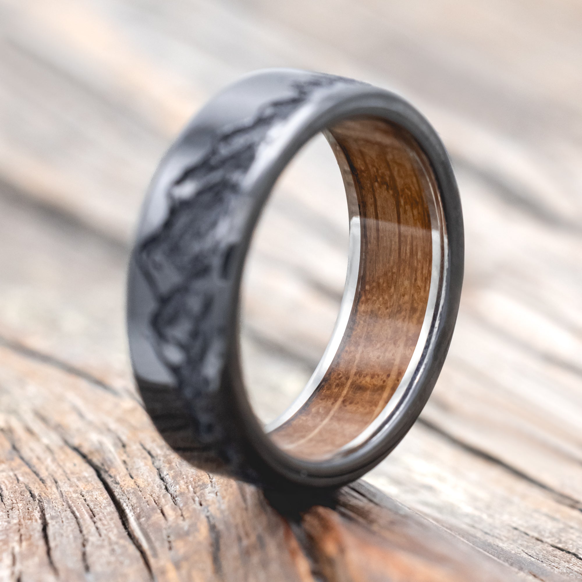 "ROSS" - MOUNTAIN & FOREST ENGRAVED WEDDING BAND WITH CUSTOM LINING-Staghead Designs