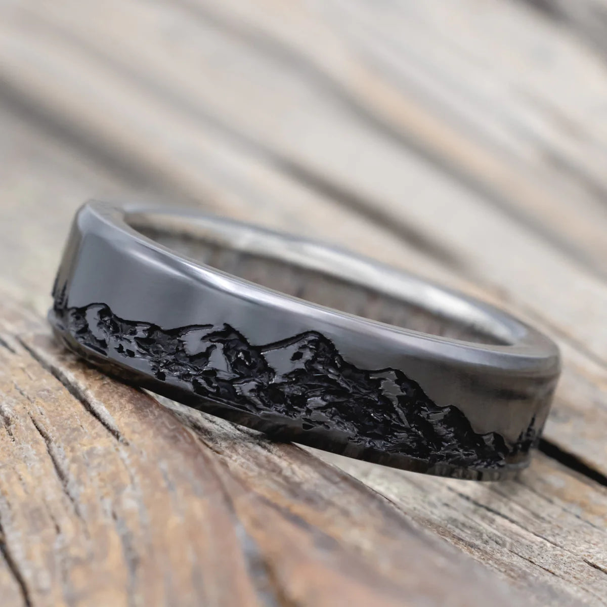 "Ross" - Mountain & Forest Engraved Wedding Band With Antler Lining - Black Zirconium (8mm) - Size 8 1/2