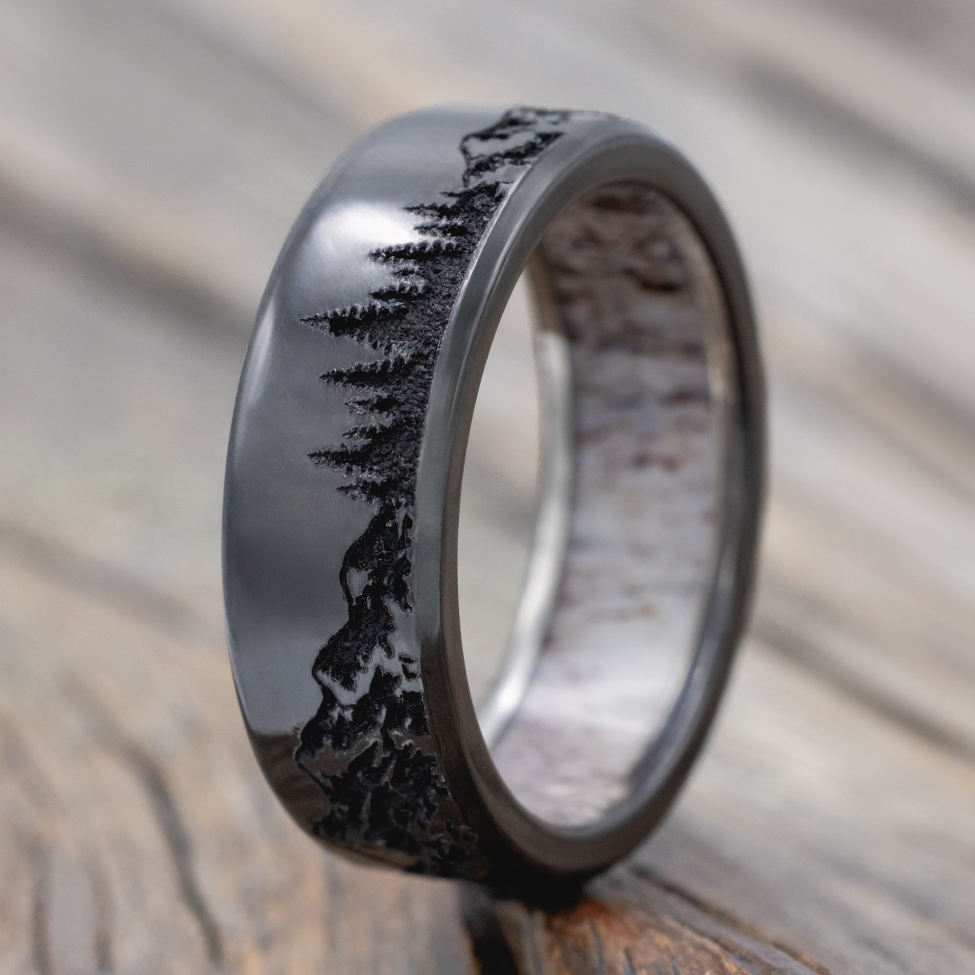 "Ross" - Mountain & Forest Engraved Wedding Band With Custom Lining-Staghead Designs