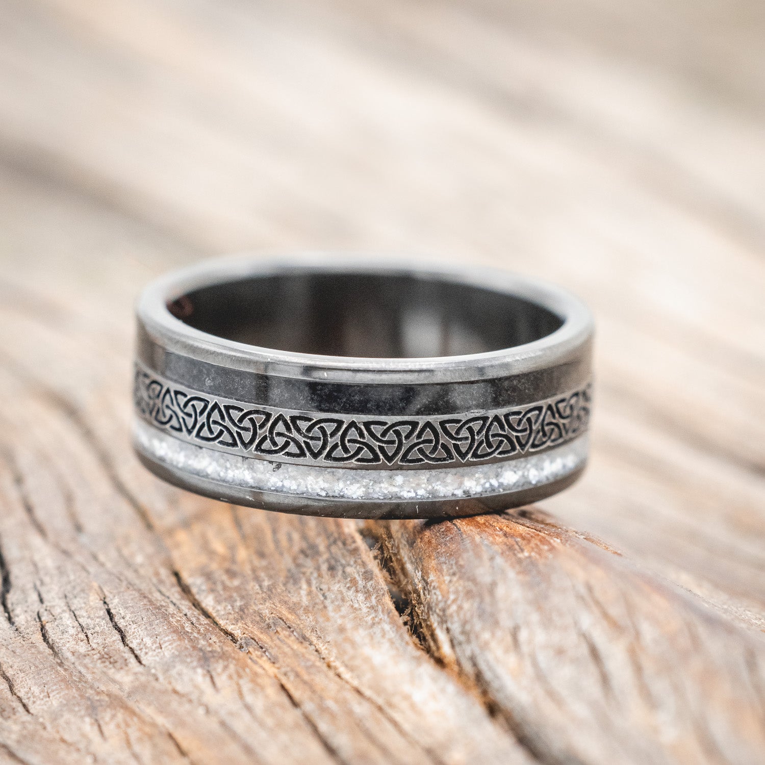 "RYDER" - CELTIC TRIQUETRA KNOT ENGRAVED, DIAMOND DUST & JET STONE WEDDING RING-Staghead Designs