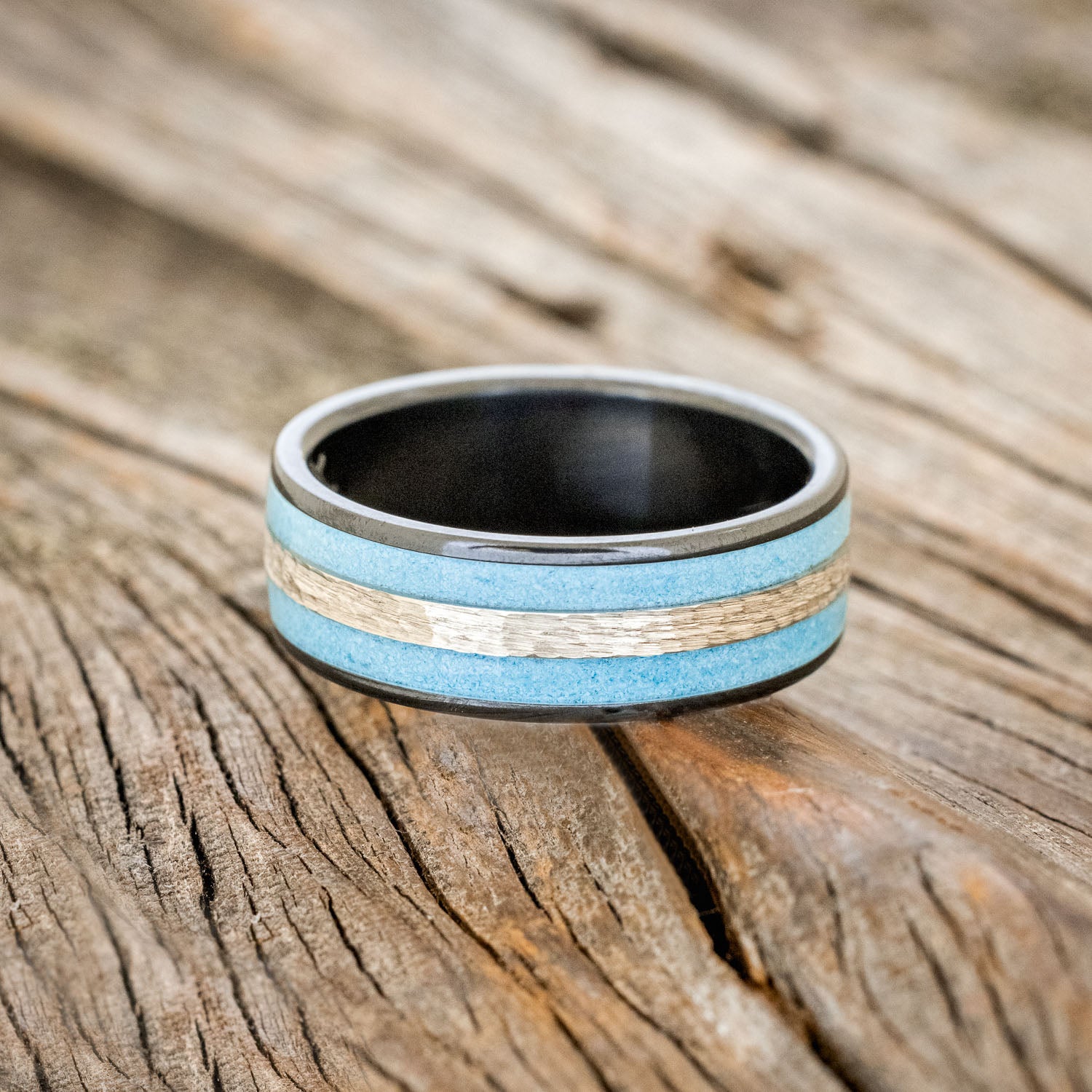 "RYDER" - TURQUOISE & HAMMERED 14K GOLD INLAY WEDDING RING-3