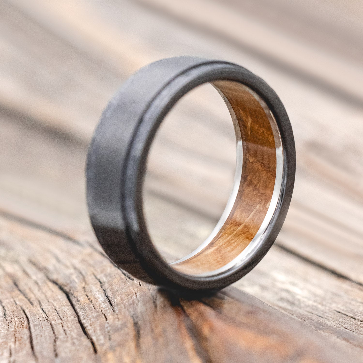 "SEDONA" - WHISKEY BARREL LINED WEDDING RING WITH HAMMERED EDGES & BRUSHED CENTER-Staghead Designs