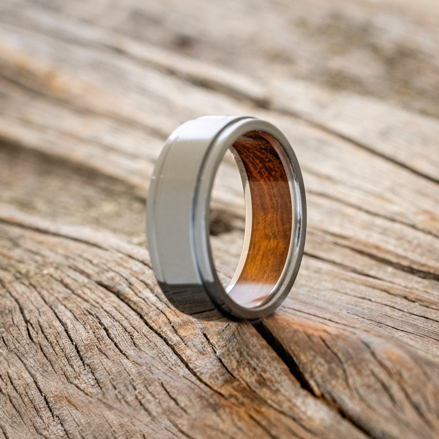 "SEDONA" - RAISED CENTER WEDDING RING WITH AN IRONWOOD LINED BAND-10