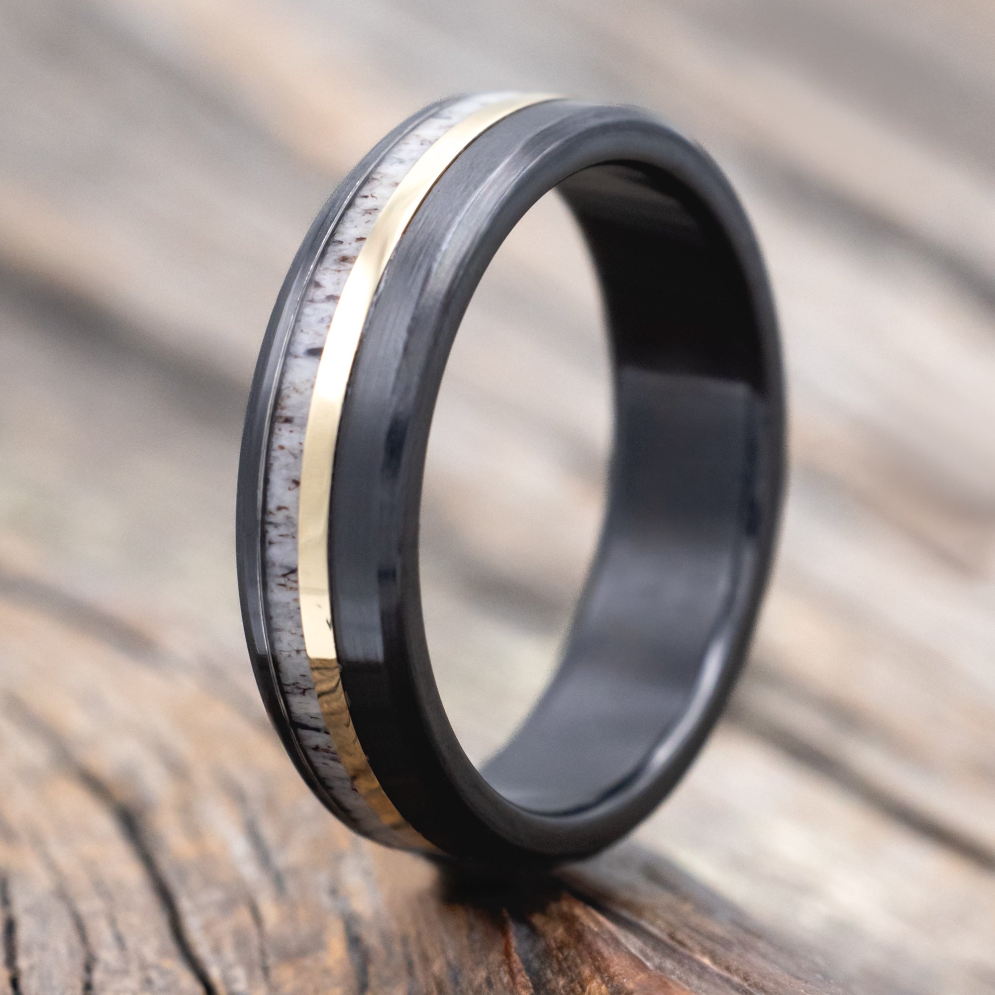 "TANNER" - ANTLER & 14K GOLD INLAY WEDDING BAND WITH A BRUSHED FINISH-Staghead Designs