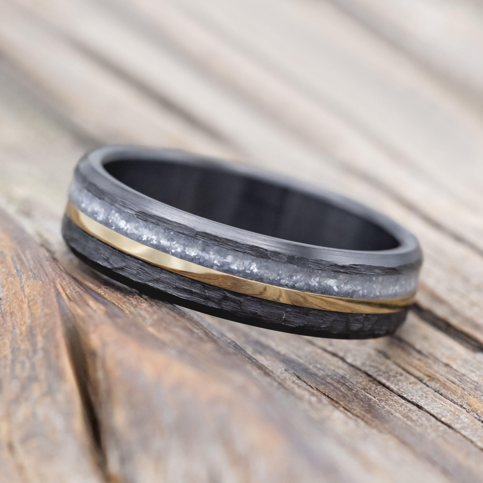 "TANNER" - DIAMOND DUST & 14K GOLD INLAY WEDDING BAND-Staghead Designs