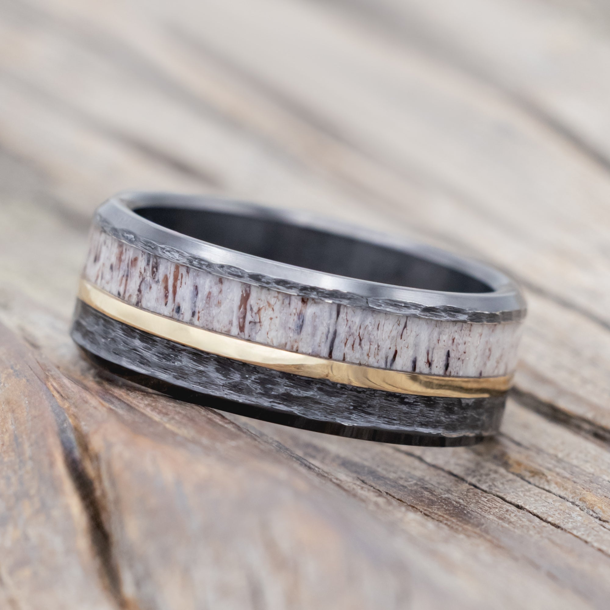 "TANNER" - ELK ANTLER & 14K GOLD INLAY WEDDING BAND-Staghead Designs