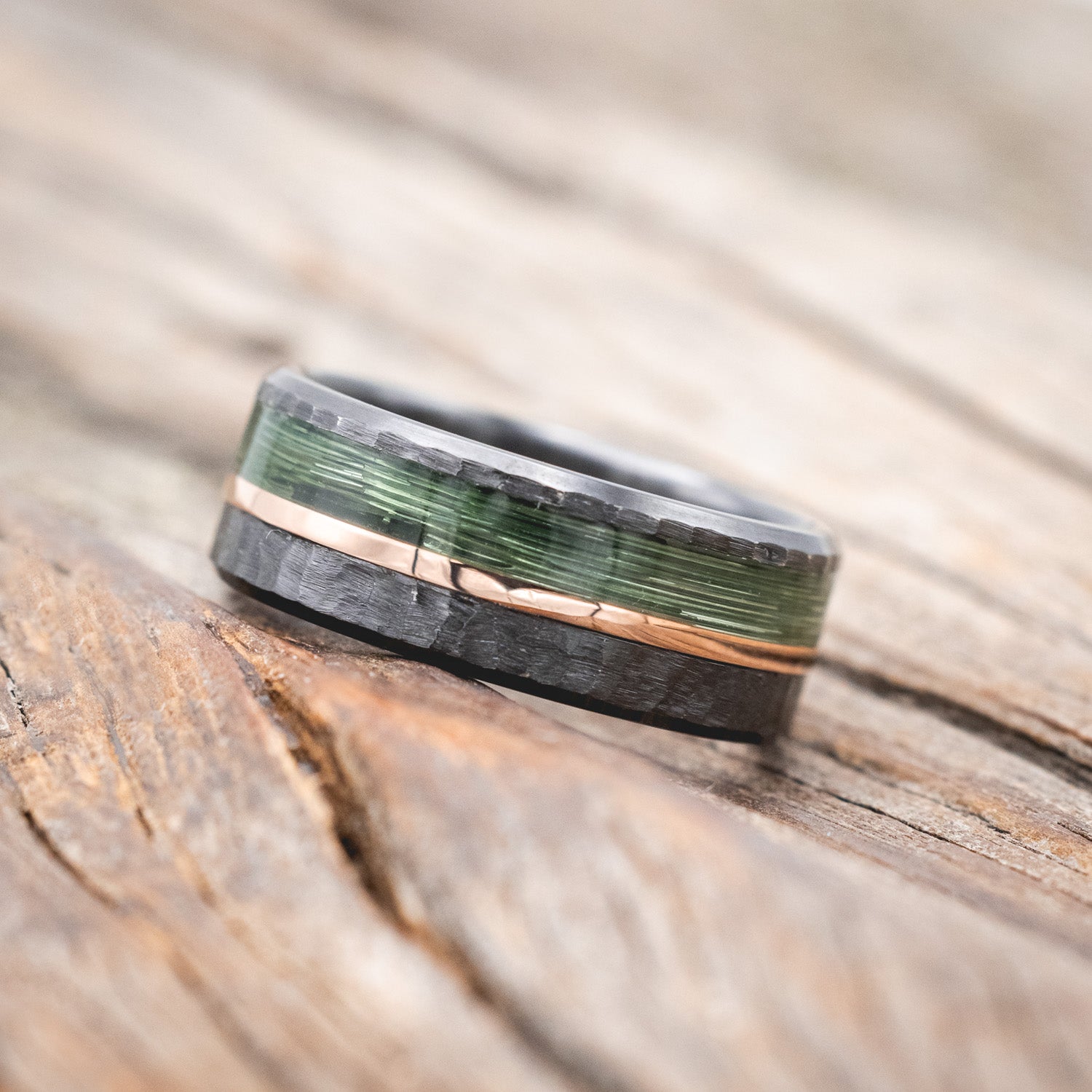 "TANNER" - FISHING LINE & 14K GOLD INLAY WEDDING RING WITH A HAMMERED FINISH-Staghead Designs