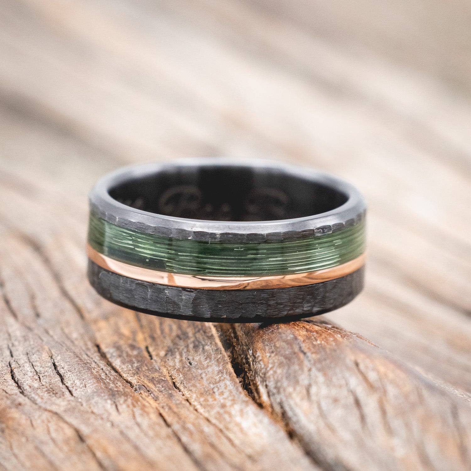 "TANNER" - FISHING LINE & 14K GOLD INLAY WEDDING RING WITH A HAMMERED FINISH-Staghead Designs