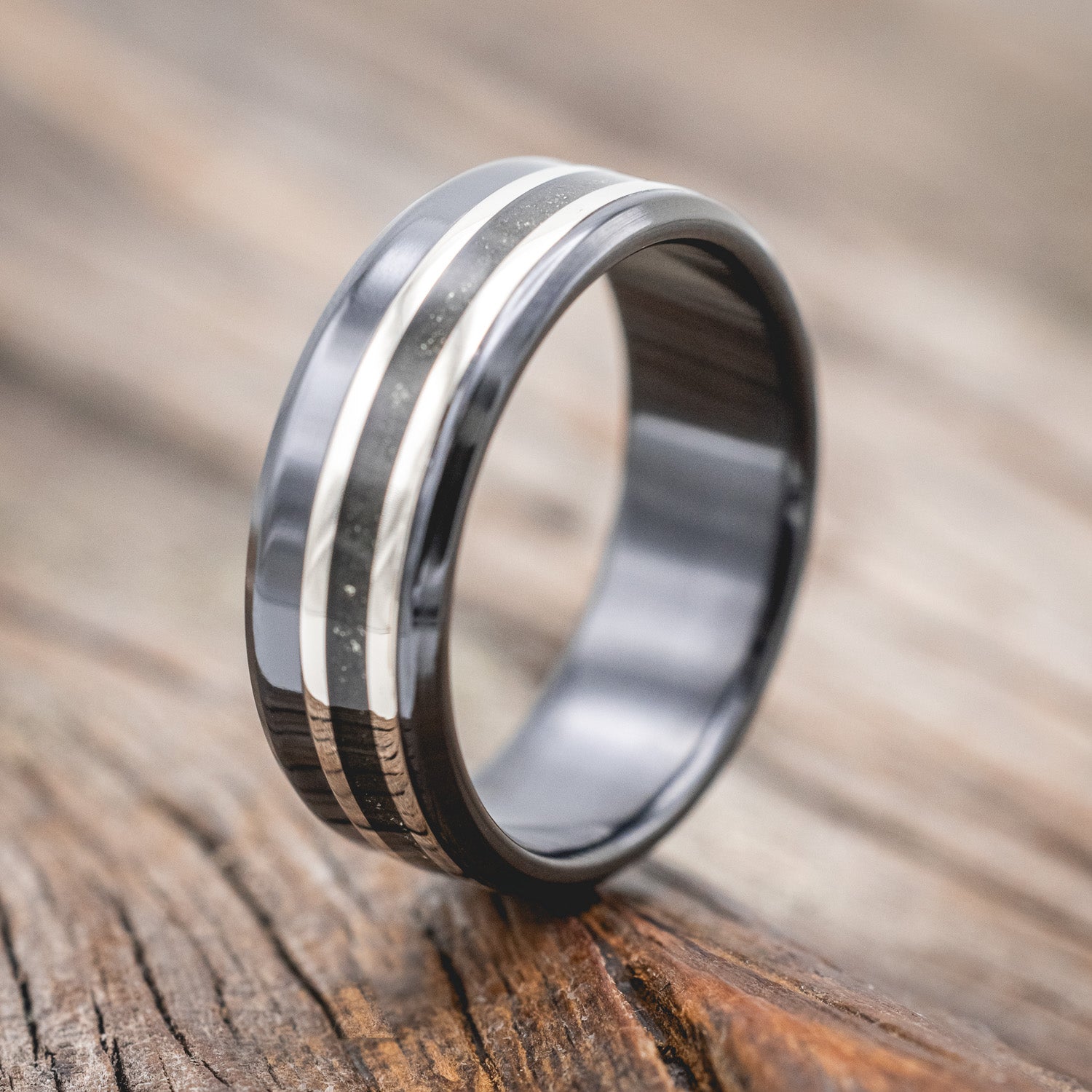 "TANNER" - PYRITE & 14K GOLD INLAYS WEDDING BAND-Staghead Designs