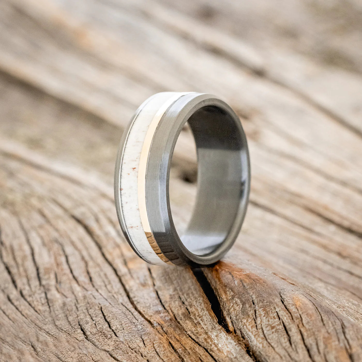 "Tanner" - Antler & 14K Yellow Gold Inlay Wedding Ring With A Brushed Finish - Black Zirconium (8mm) - Size 12 1/2