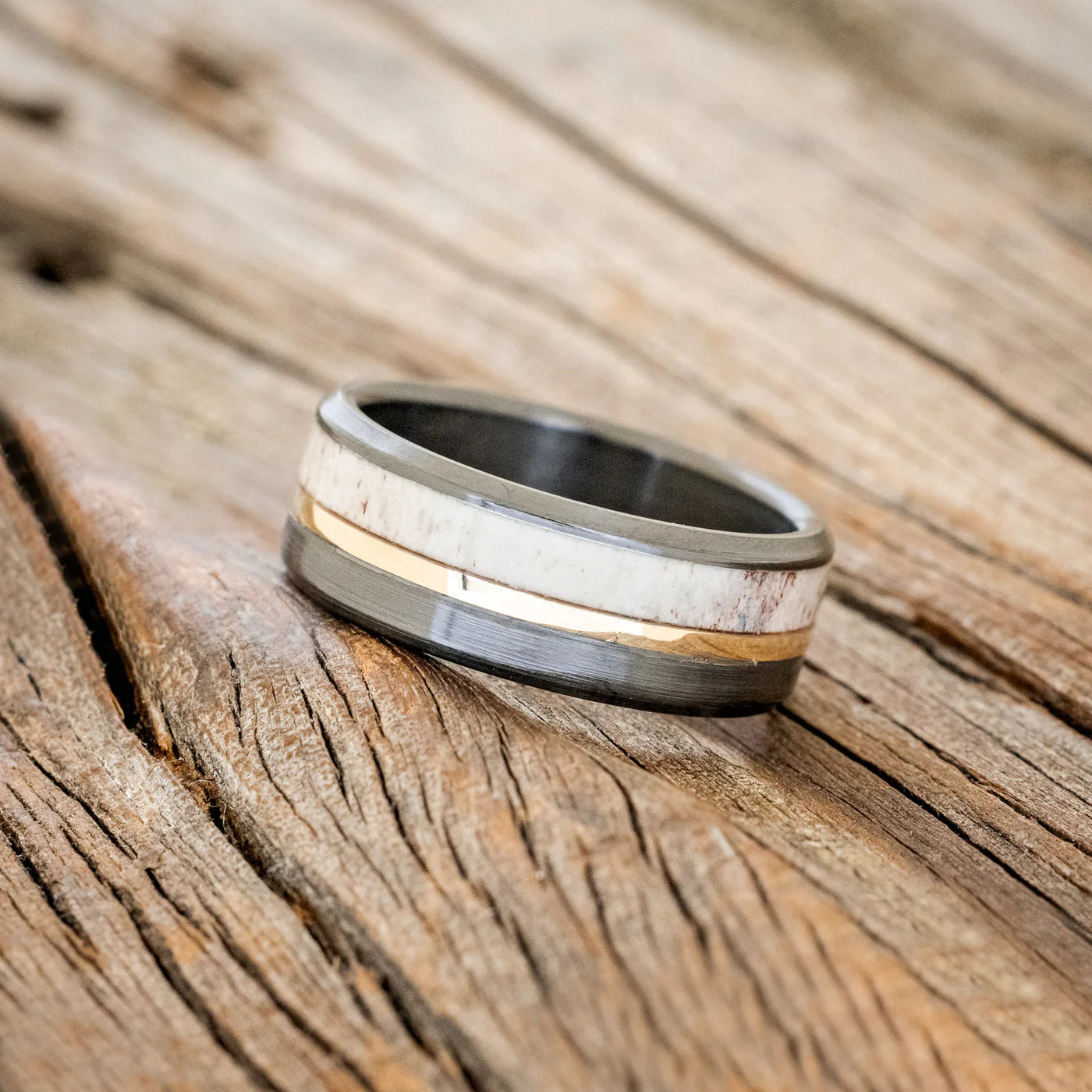 "Tanner" - Antler & 14K Yellow Gold Inlay Wedding Ring With A Brushed Finish - Black Zirconium (8mm) - Size 12 1/2