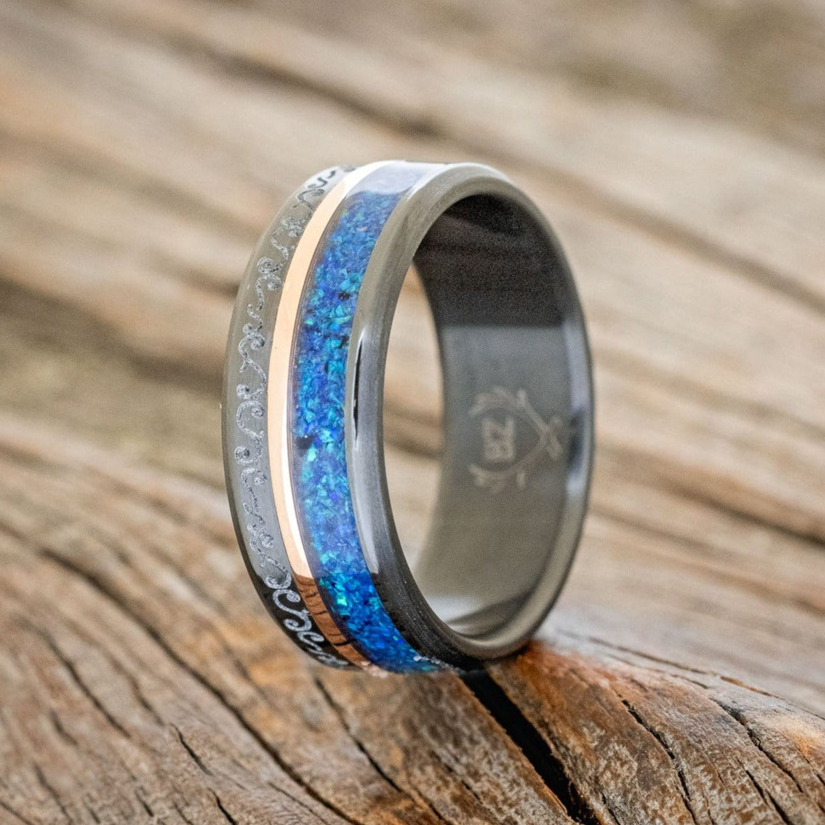 "TANNER" - CARIBBEAN OPAL & 14K GOLD INLAY WEDDING RING FEATURING A FLORAL ENGRAVING-1