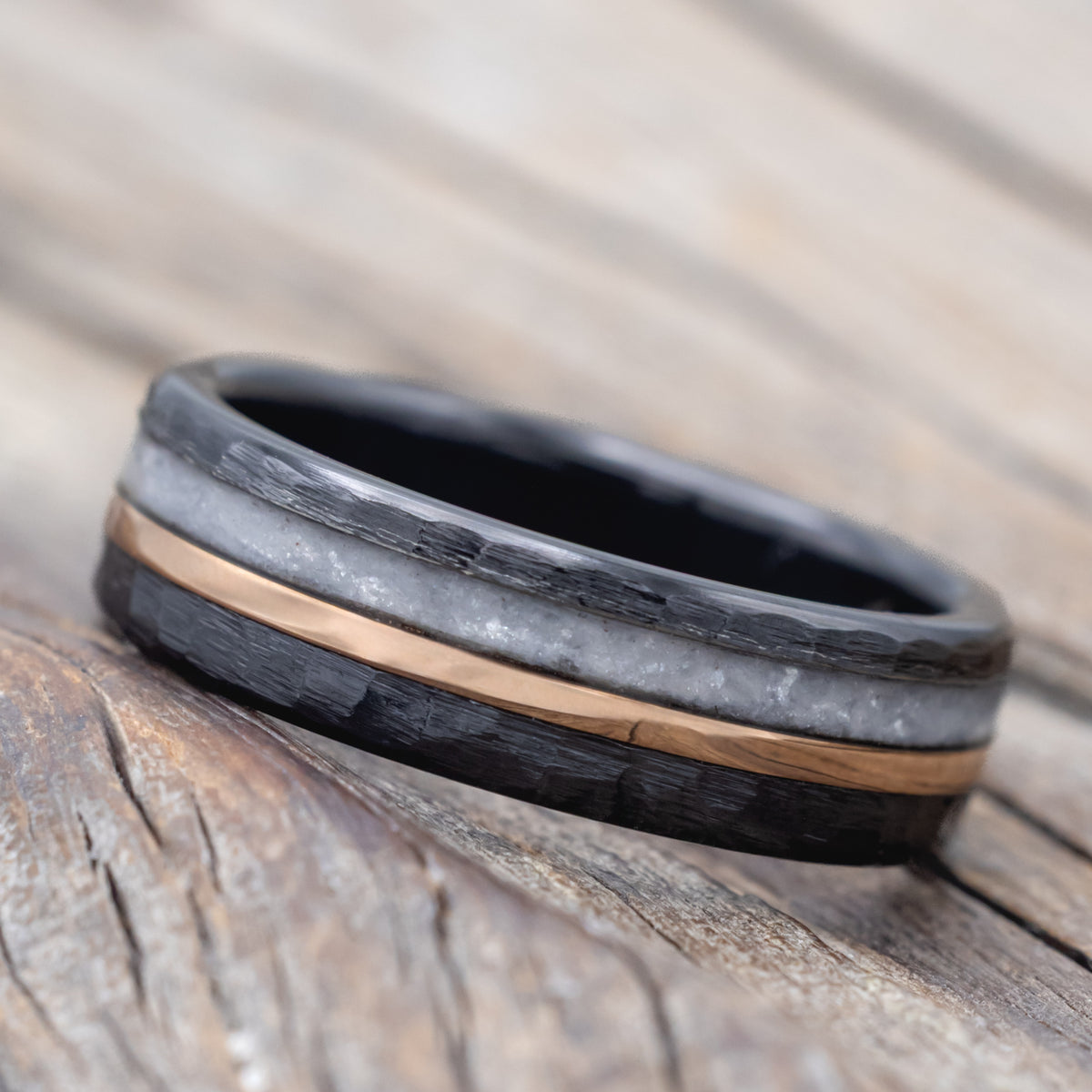 "Tanner" - Diamond Dust & 14K Rose Gold Inlay Wedding Band - Black Zirconium (6mm) - Size 7 1/2-Staghead Designs