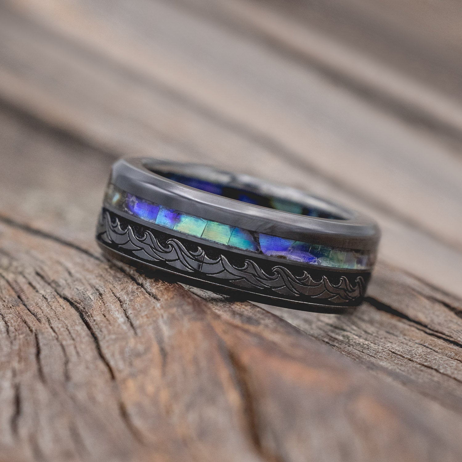 "TRITON" - WAVE ENGRAVED WEDDING BAND WITH PAUA SHELL INLAY & LINING-Staghead Designs