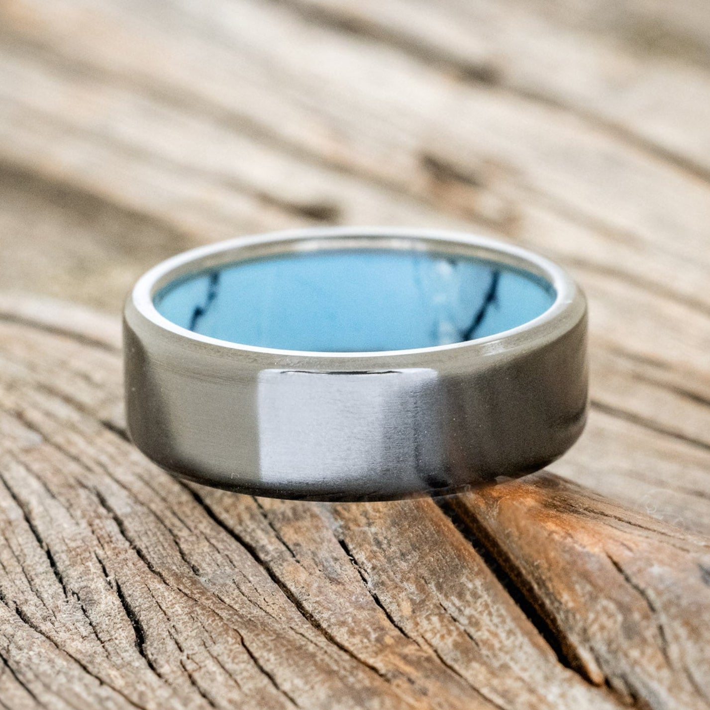 TURQUOISE & BLACK MATRIX TRUSTONE LINED WEDDING BAND-3