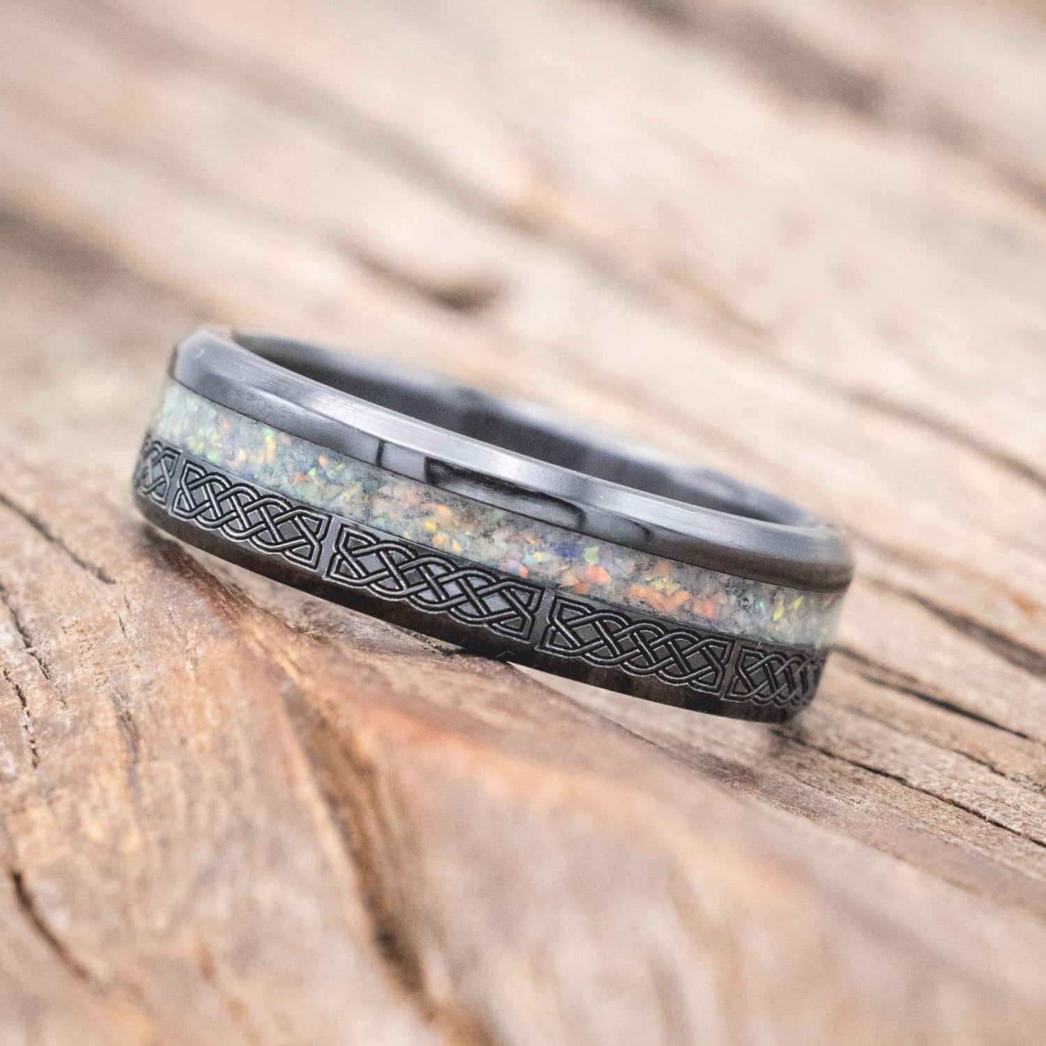 "VERTIGO" - CELTIC SAILOR'S KNOT ENGRAVED WITH FIRE & ICE OPAL WEDDING RING-Staghead Designs