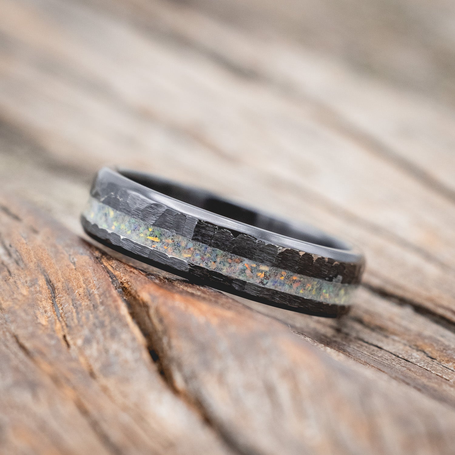 "VERTIGO" - FIRE & ICE OPAL WEDDING BAND WITH A HAMMERED FINISH-Staghead Designs