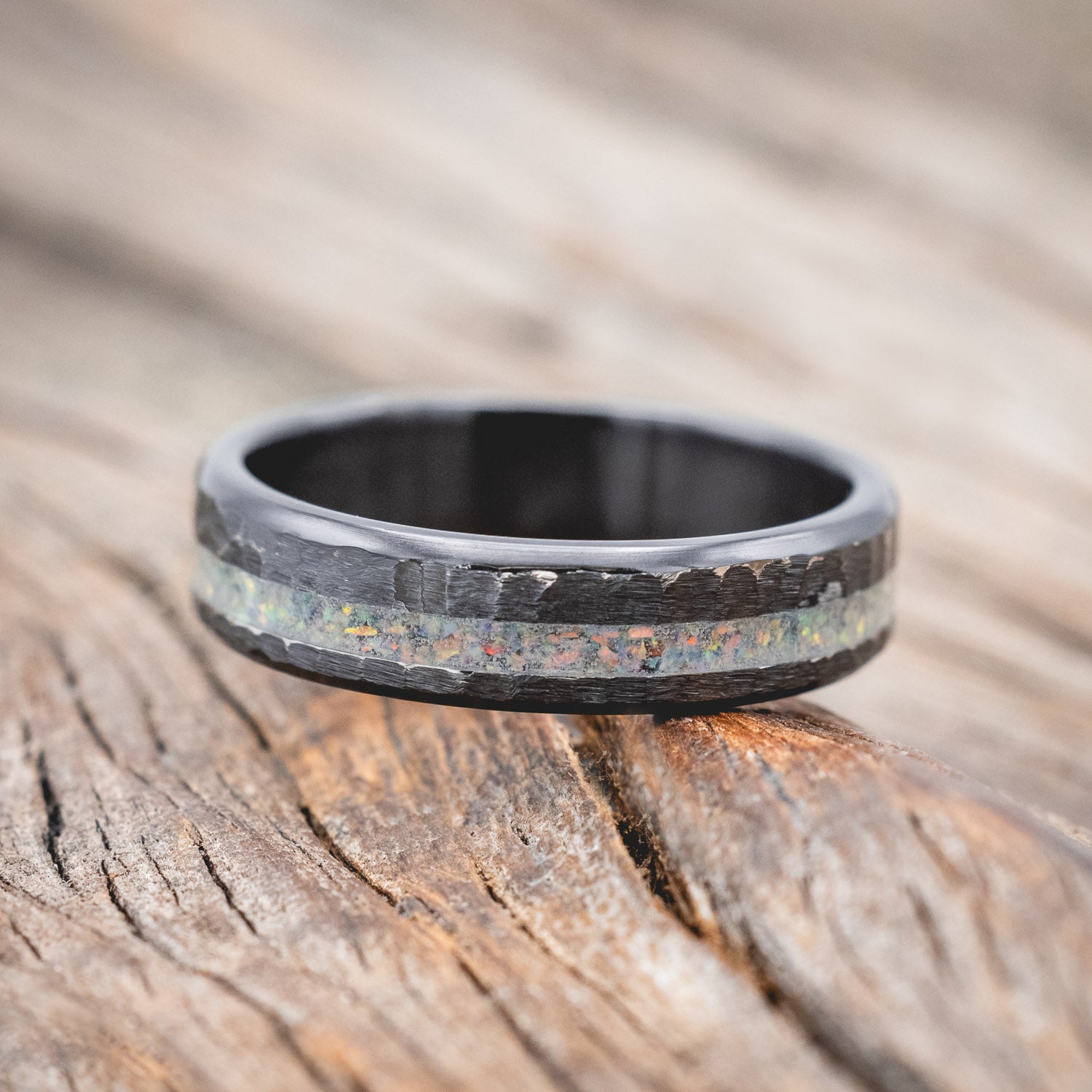 "VERTIGO" - FIRE & ICE OPAL WEDDING BAND WITH A HAMMERED FINISH-Staghead Designs