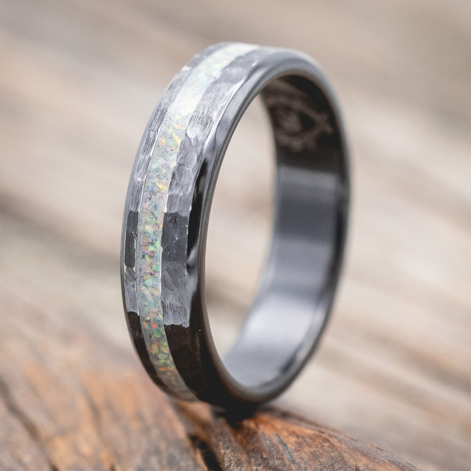 "VERTIGO" - FIRE & ICE OPAL WEDDING BAND WITH A HAMMERED FINISH-Staghead Designs