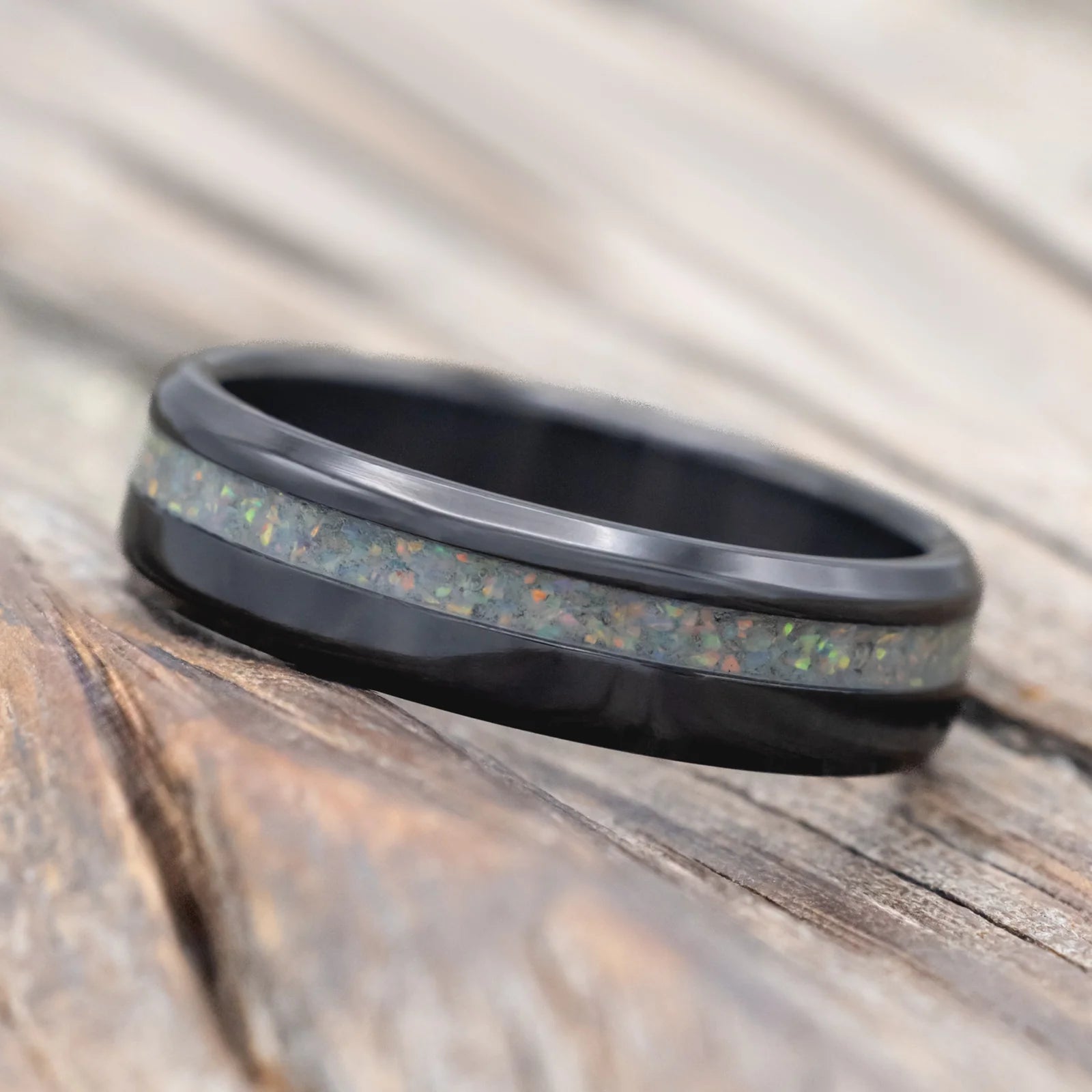 "VERTIGO" - FIRE & ICE OPAL WEDDING BAND - 6MM - BLACK ZIRCONIUM - SIZE 10 1/2-Staghead Designs