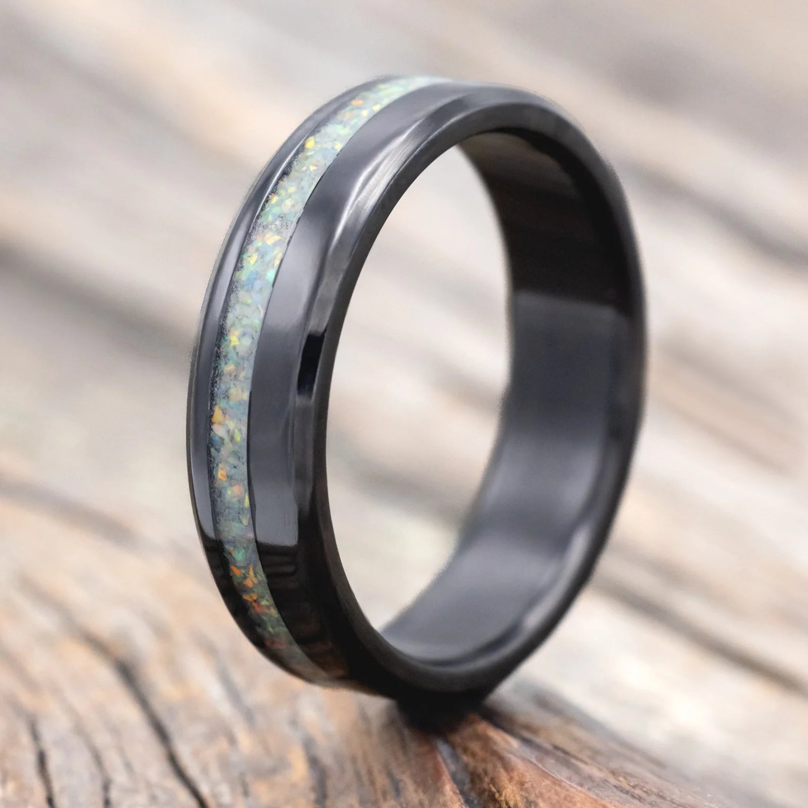 "VERTIGO" - FIRE & ICE OPAL WEDDING BAND - 6MM - BLACK ZIRCONIUM - SIZE 10 1/2-Staghead Designs