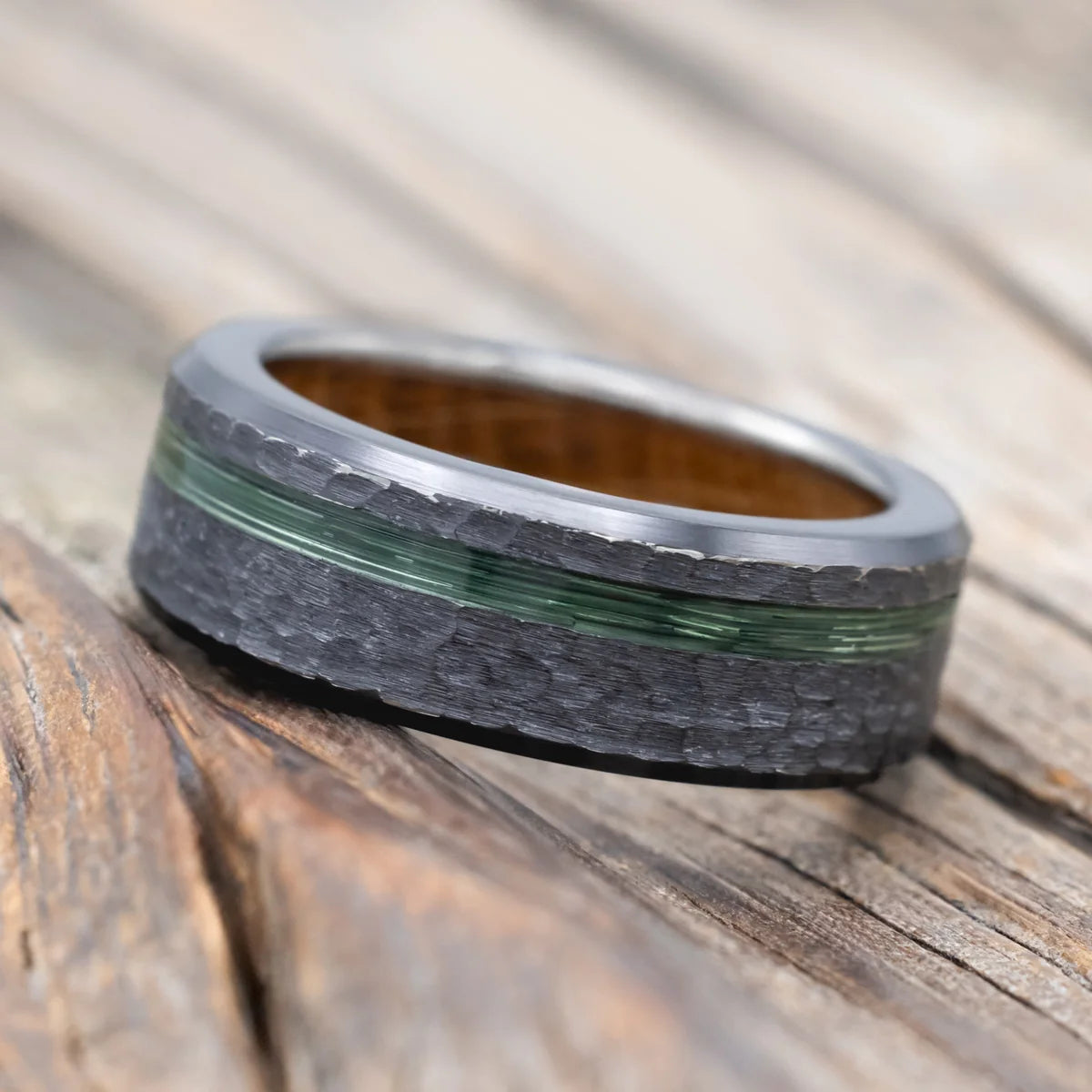 "Vertigo" - Green Mono Fishing Line Inlay Wedding Ring Featuring An Antler & Whiskey Barrel Lining With Hammered Finish - Black Zirconium (8mm) - Size 10 3/4-Staghead Designs