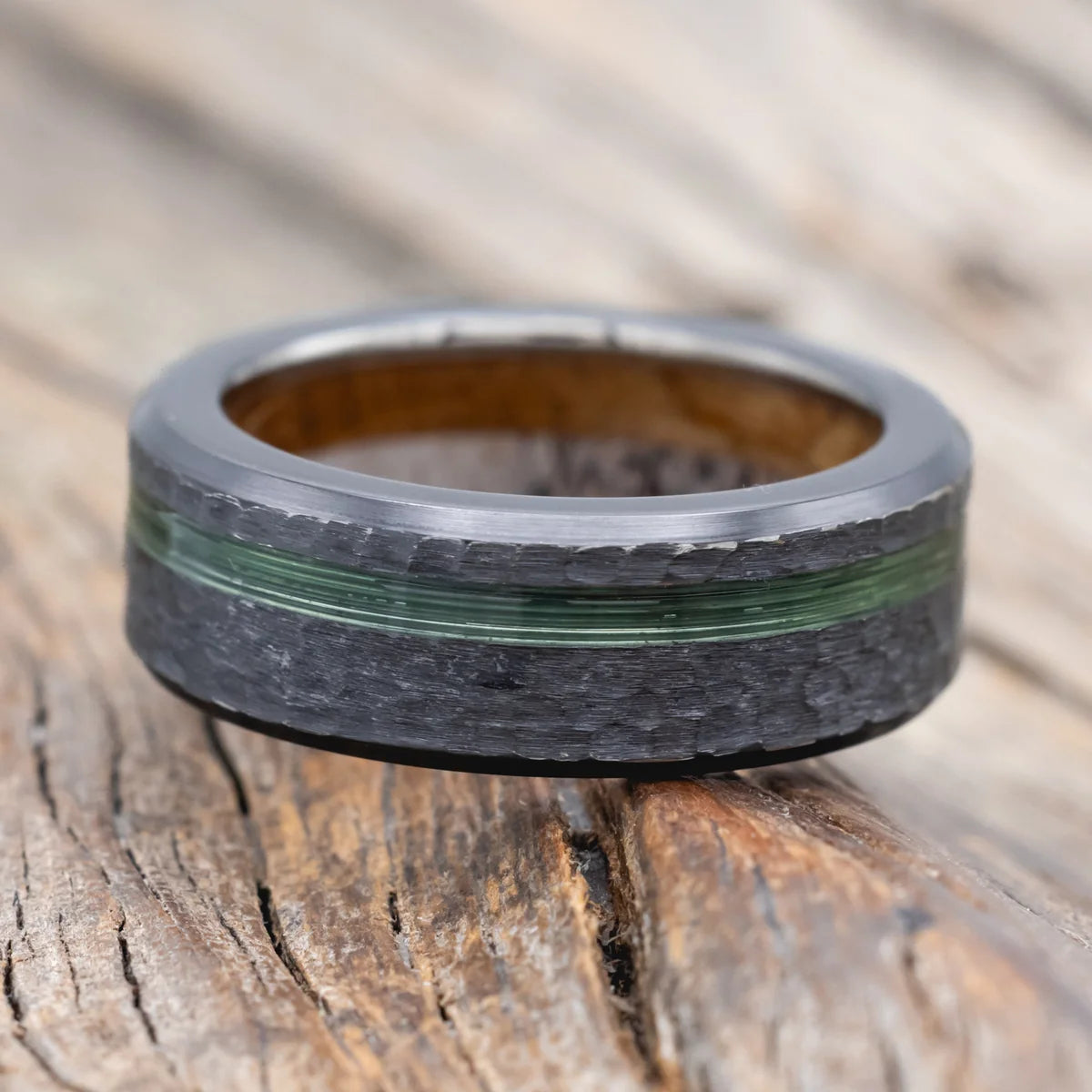 "Vertigo" - Green Mono Fishing Line Inlay Wedding Ring Featuring An Antler & Whiskey Barrel Lining With Hammered Finish - Black Zirconium (8mm) - Size 10 3/4-Staghead Designs