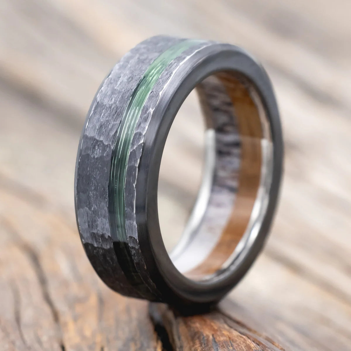 "Vertigo" - Green Mono Fishing Line Inlay Wedding Ring Featuring An Antler & Whiskey Barrel Lining With Hammered Finish - Black Zirconium (8mm) - Size 10 3/4-Staghead Designs