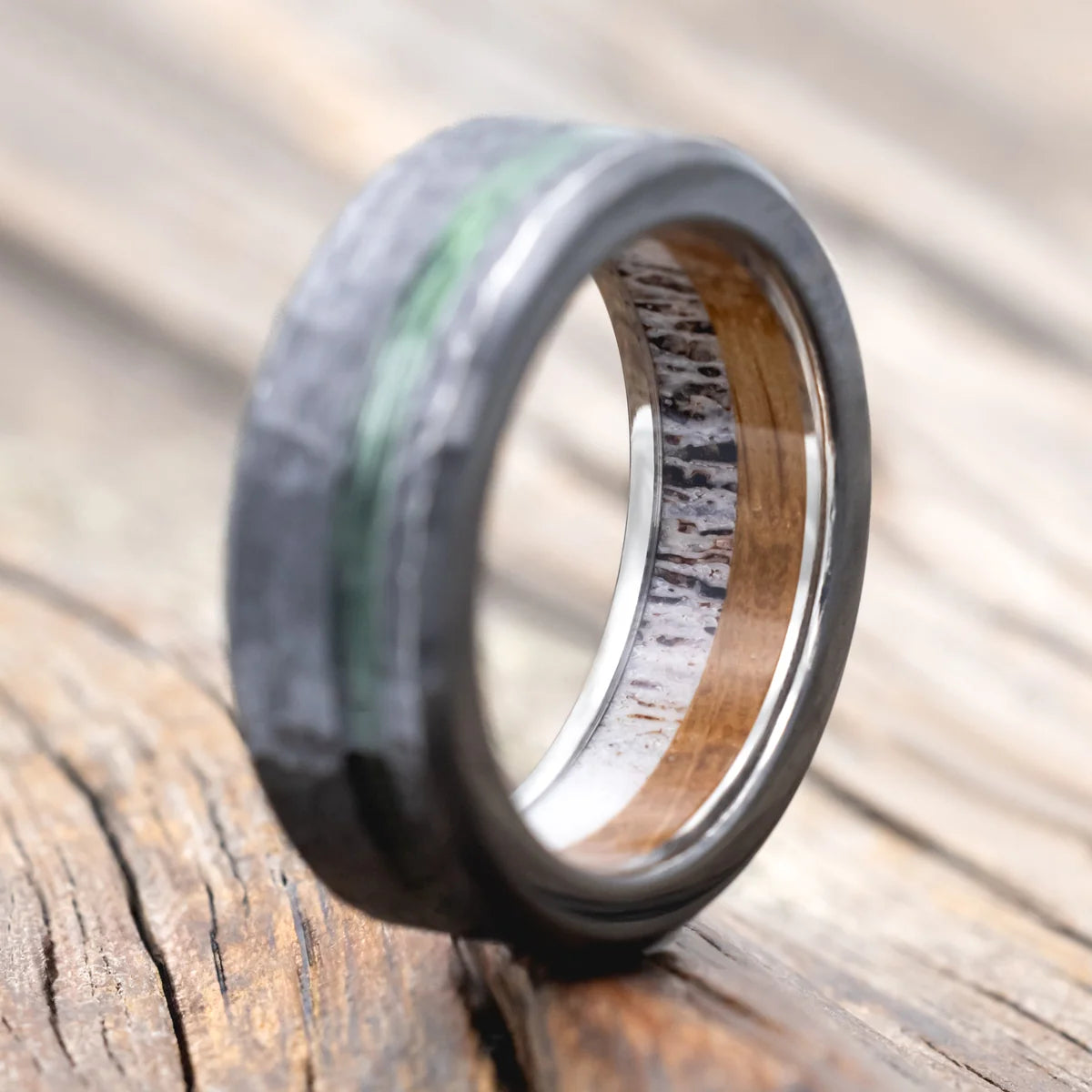 "Vertigo" - Green Mono Fishing Line Inlay Wedding Ring Featuring An Antler & Whiskey Barrel Lining With Hammered Finish - Black Zirconium (8mm) - Size 10 3/4-Staghead Designs
