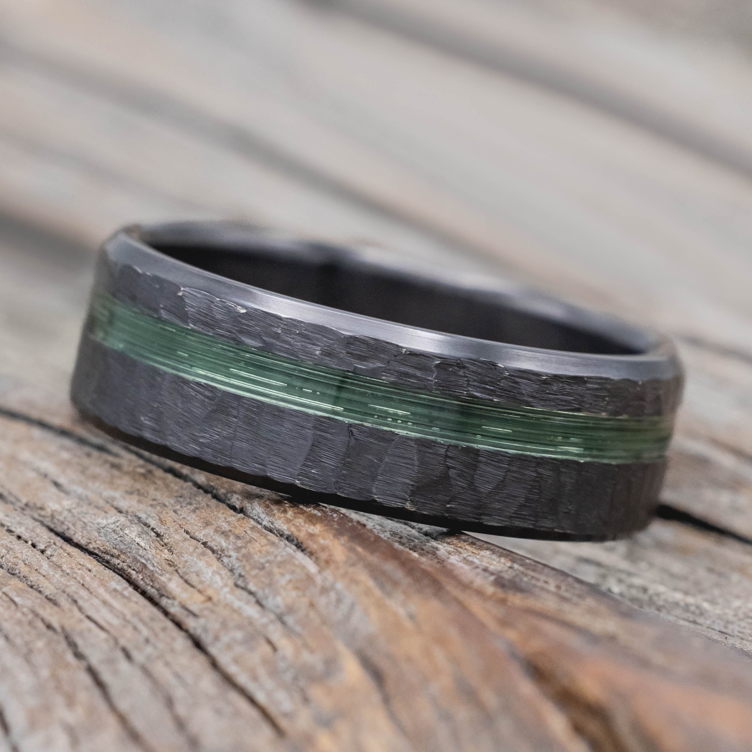 "VERTIGO" - HAMMERED WEDDING BAND WITH FISHING LINE INLAYS-Staghead Designs