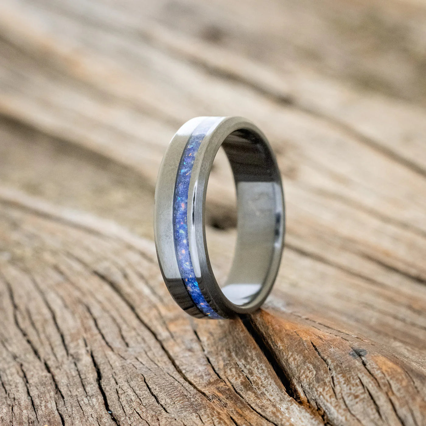 "VERTIGO" - LAPIS LAZULI & FIRE AND ICE OPAL MIX WEDDING BAND - BLACK ZIRCONIUM (6MM) - SIZE 10-Staghead Designs