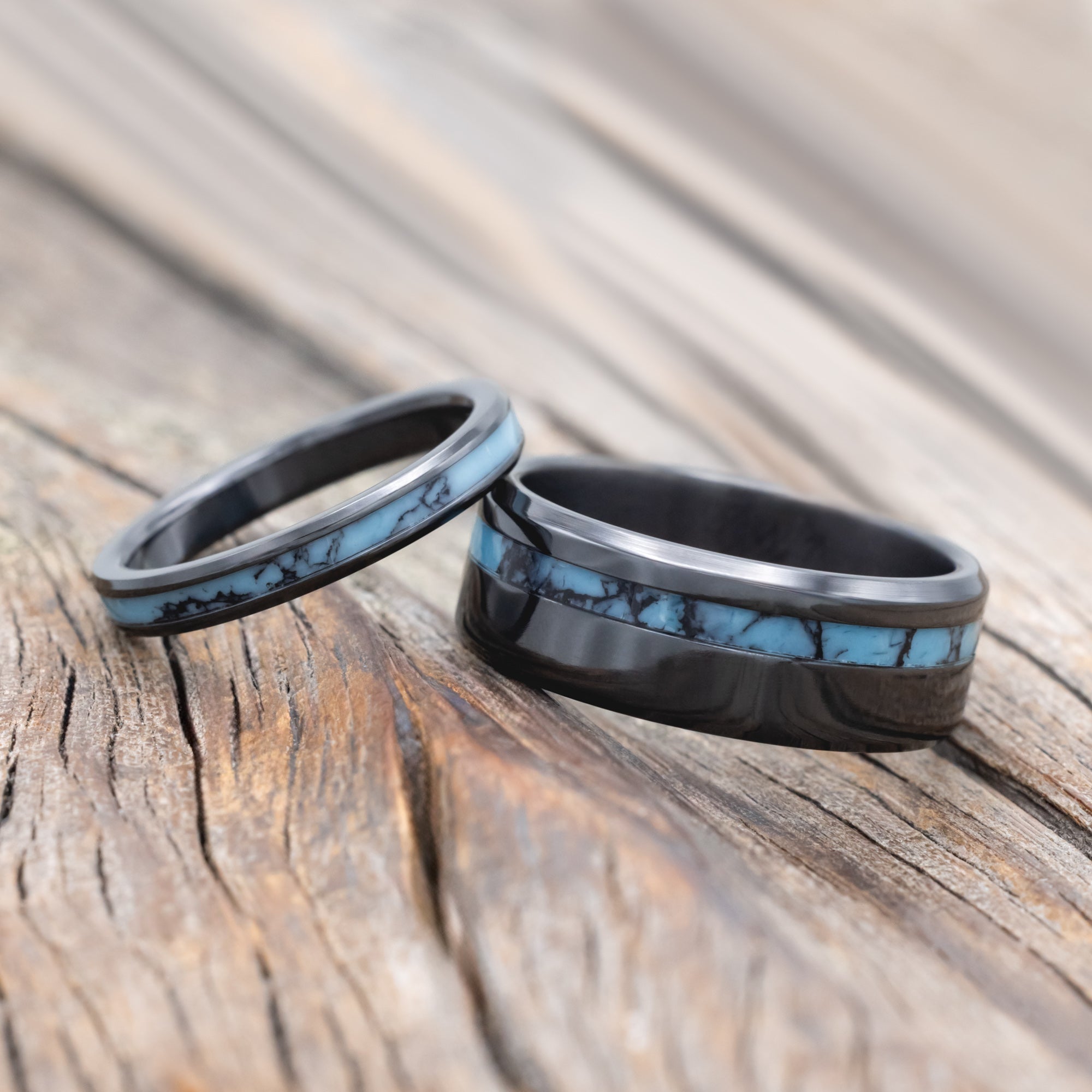 "VERTIGO" - MATCHING SET OF TURQUOISE & BLACK MATRIX TRUSTONE WEDDING BANDS-Staghead Designs
