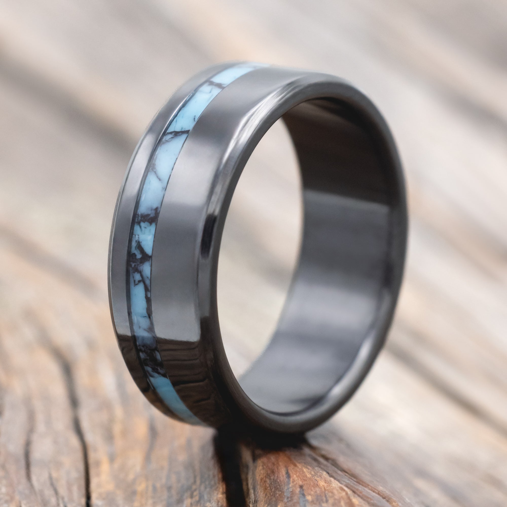 "VERTIGO" - TURQUOISE & BLACK MATRIX TRUSTONE INLAY WEDDING BAND-Staghead Designs