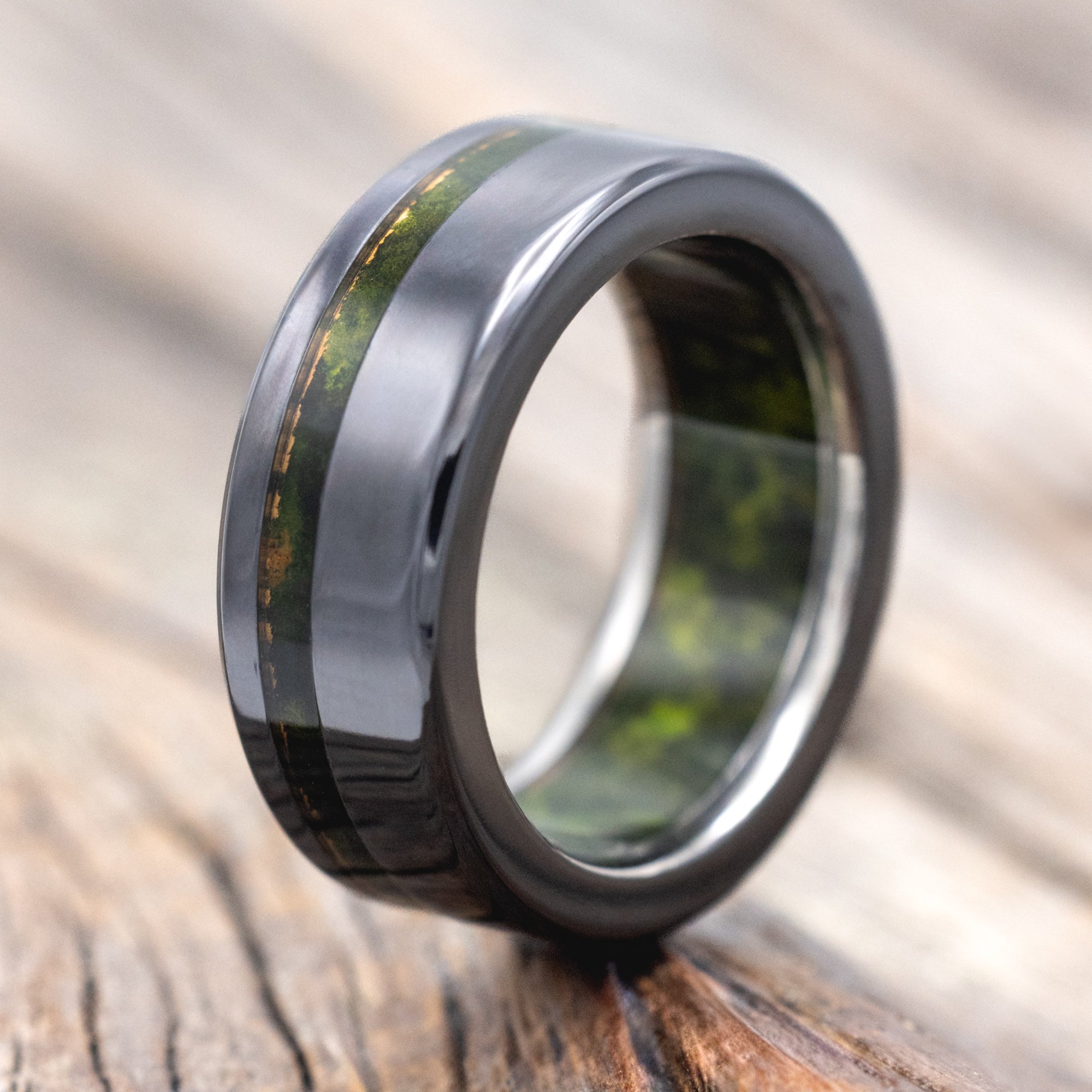 "VERTIGO" - MOSSY PATINA COPPER INLAY & LINING WEDDING RING-Staghead Designs