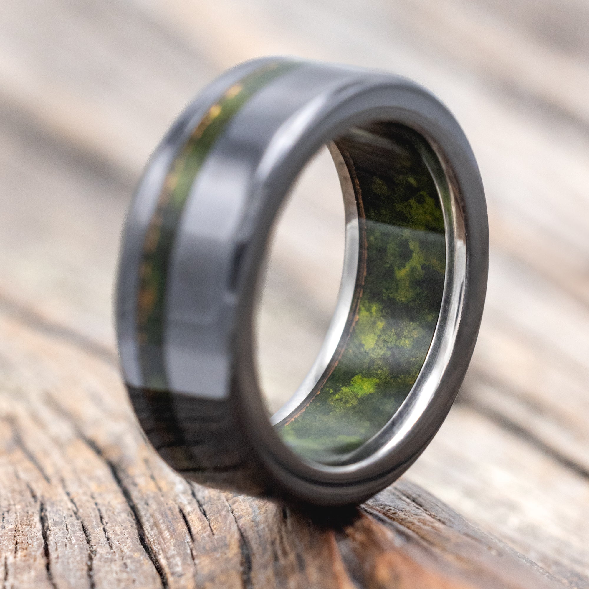 "VERTIGO" - MOSSY PATINA COPPER INLAY & LINING WEDDING RING-Staghead Designs