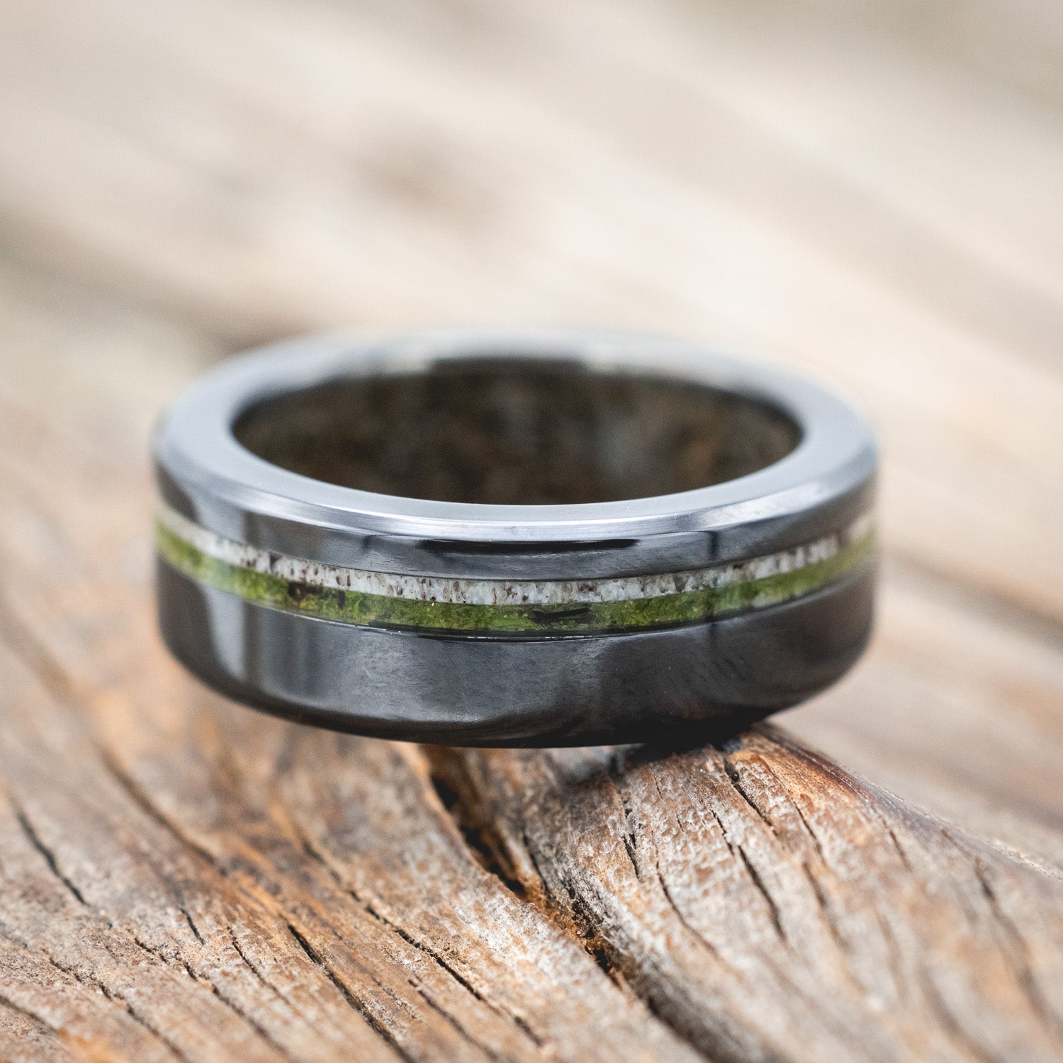 "VERTIGO" - MOSS & ANTLER INLAYS WITH SAND LINING WEDDING MATCHING SET-Staghead Designs