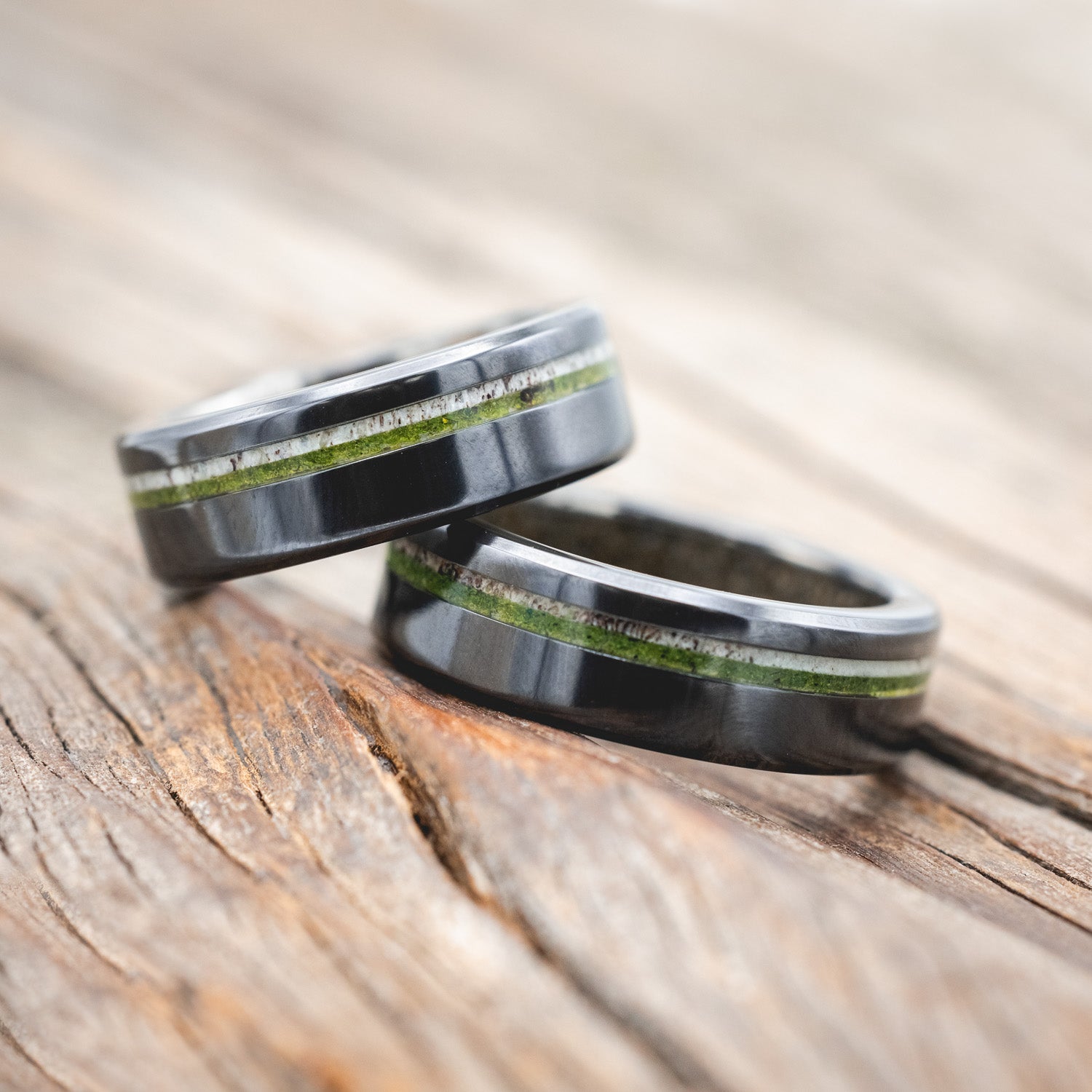 "VERTIGO" - MOSS & ANTLER INLAYS WITH SAND LINING WEDDING MATCHING SET-Staghead Designs
