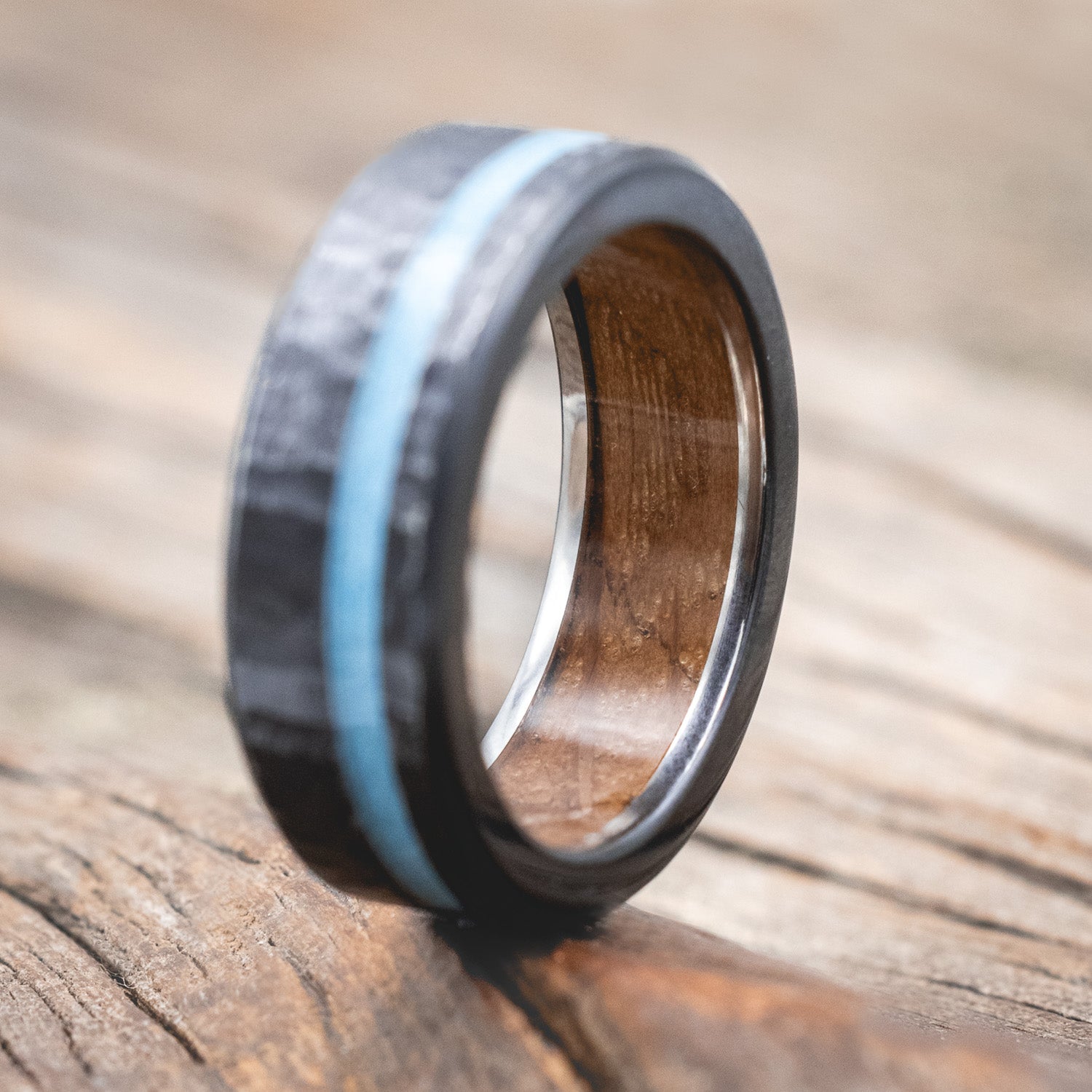 "VERTIGO" - TURQUOISE INLAY WEDDING RING FEATURING A WHISKEY BARREL LINING & HAMMERED BAND-Staghead Designs