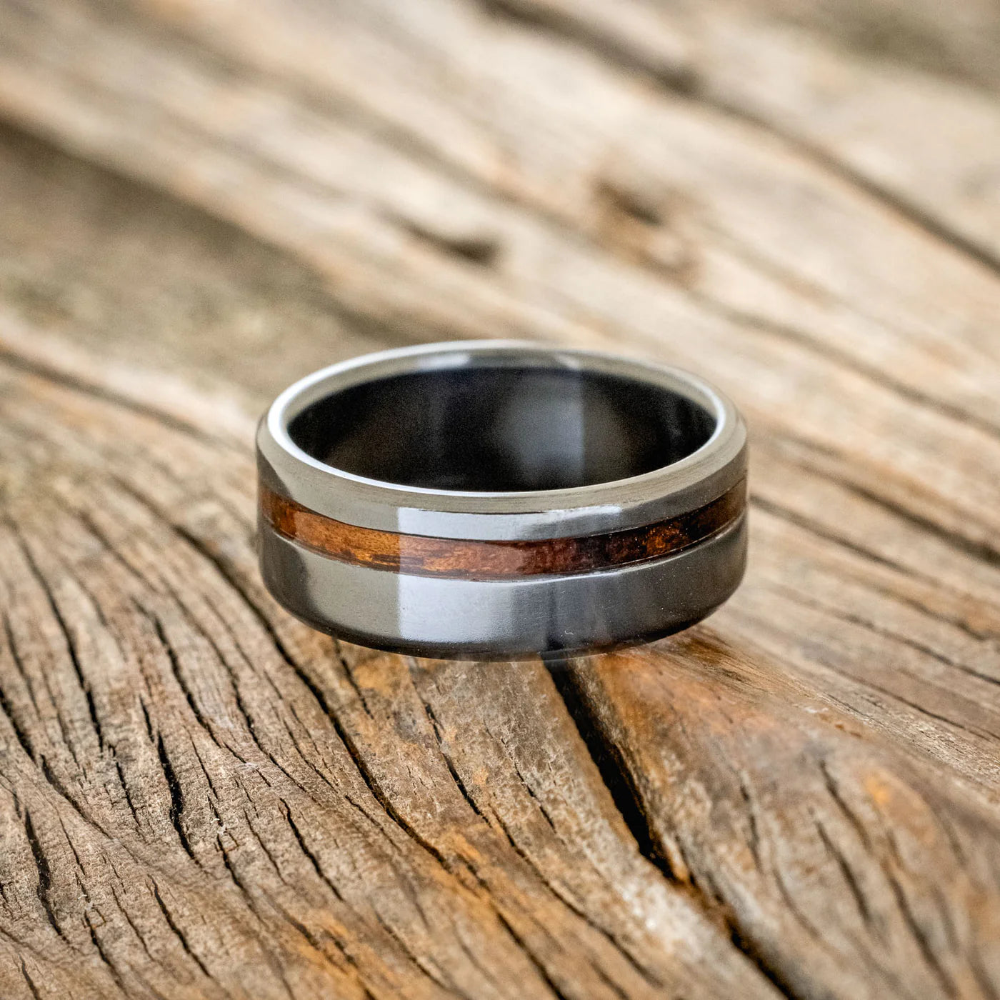 "VERTIGO" - OFFSET KOA WOOD WEDDING BAND - BLACK ZIRCONIUM - SIZE 6-Staghead Designs